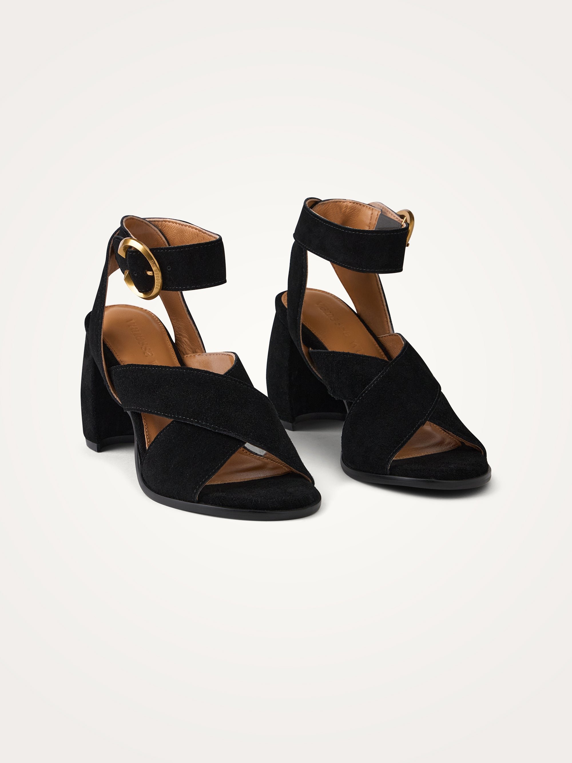 Half-moon heel sandals with multiple crossed straps in metallic effect leather VANESSA WU Black