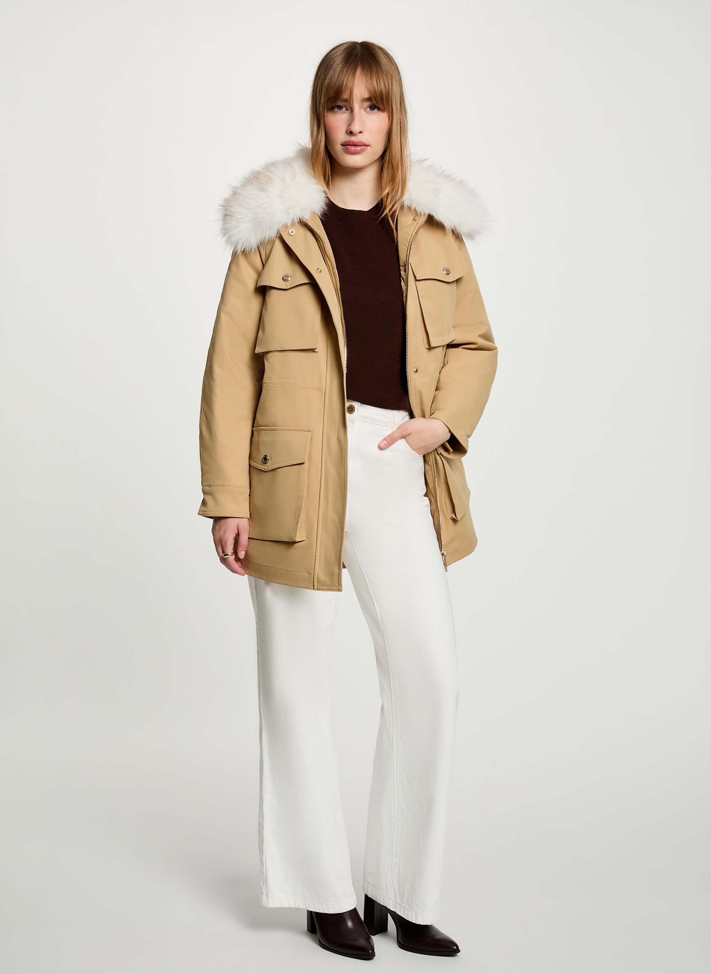 Parka droite ceinturée à col effet fourrure MORGAN Beige