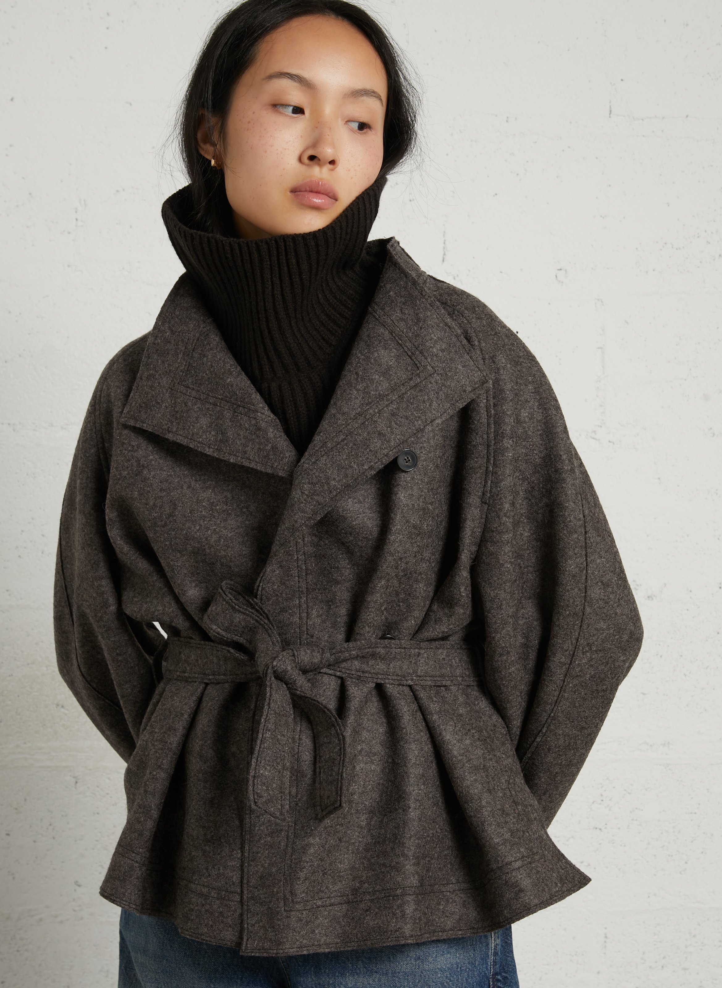 Veste droite à ceinture en laine SOEUR Marron