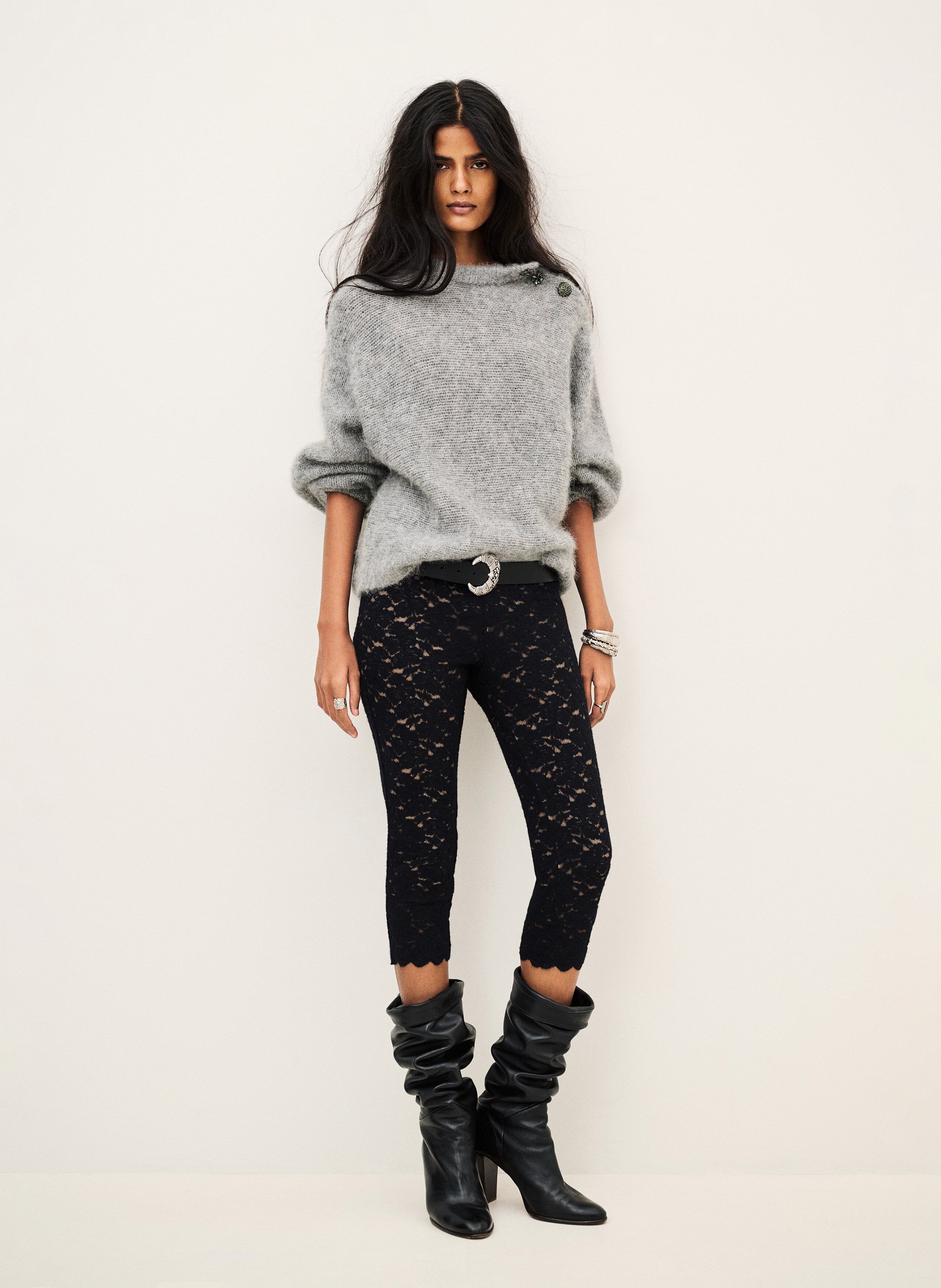 Pull ample col rond à boutons BA&SH Gris