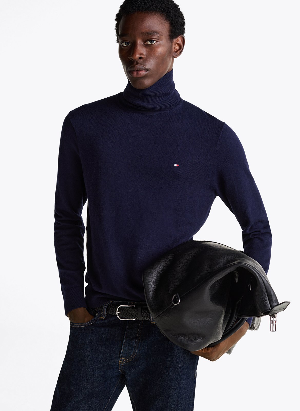 Regular-fit organic cotton-blend turtleneck Blue