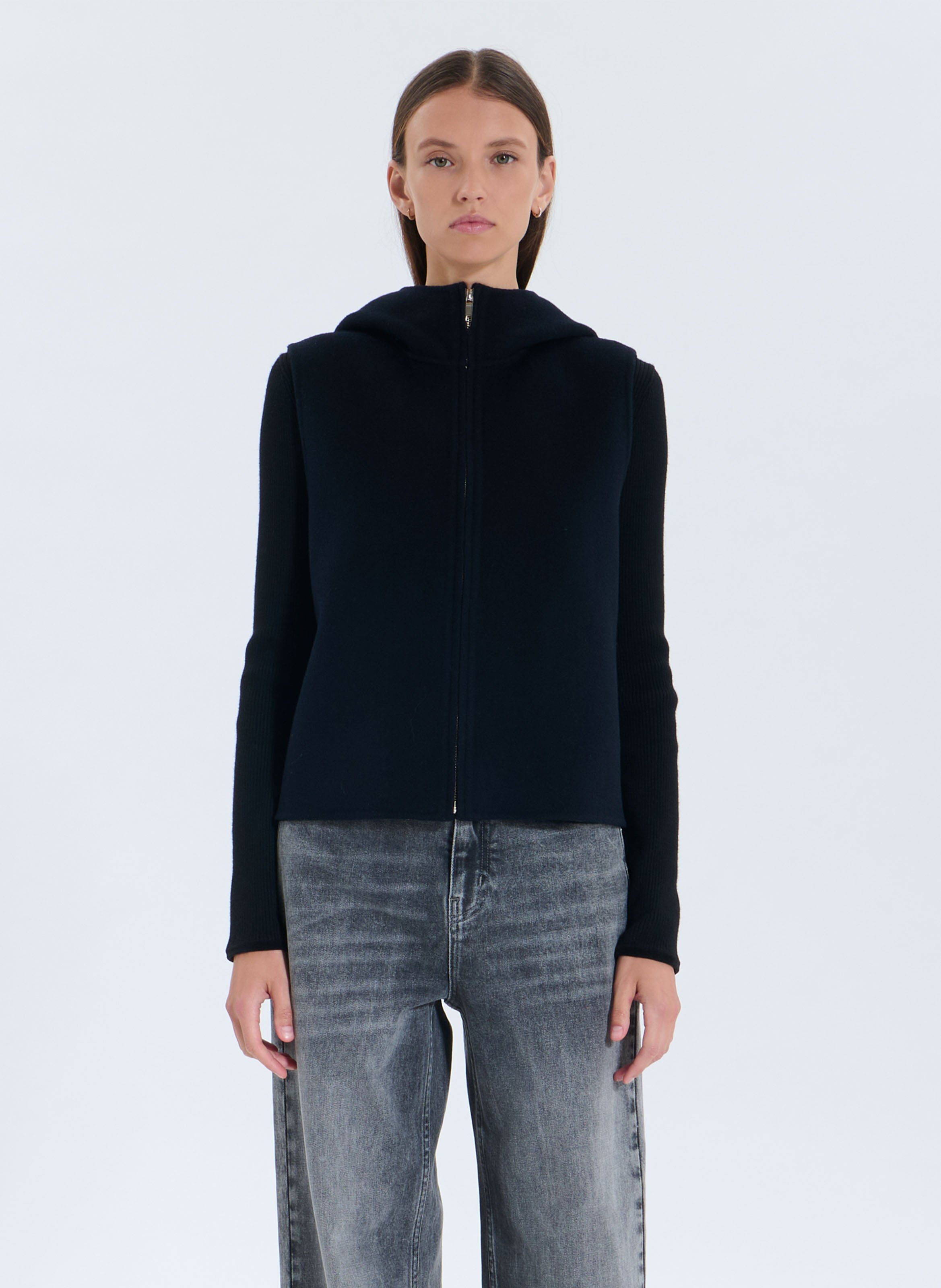 Gilet à capuche droit en laine mélangée ZAPA Bleu