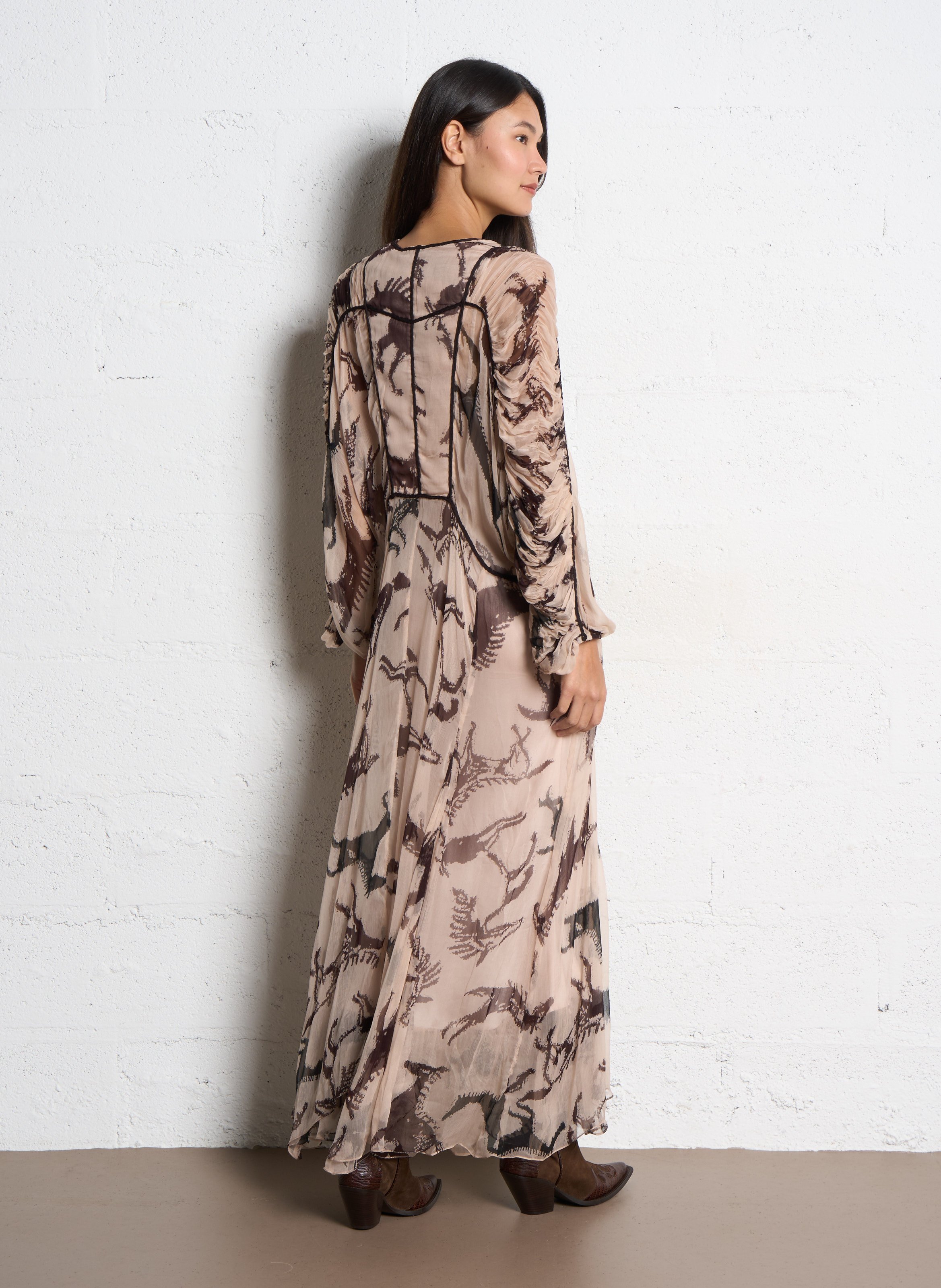 Robe longue col V imprimé MES DEMOISELLES Beige