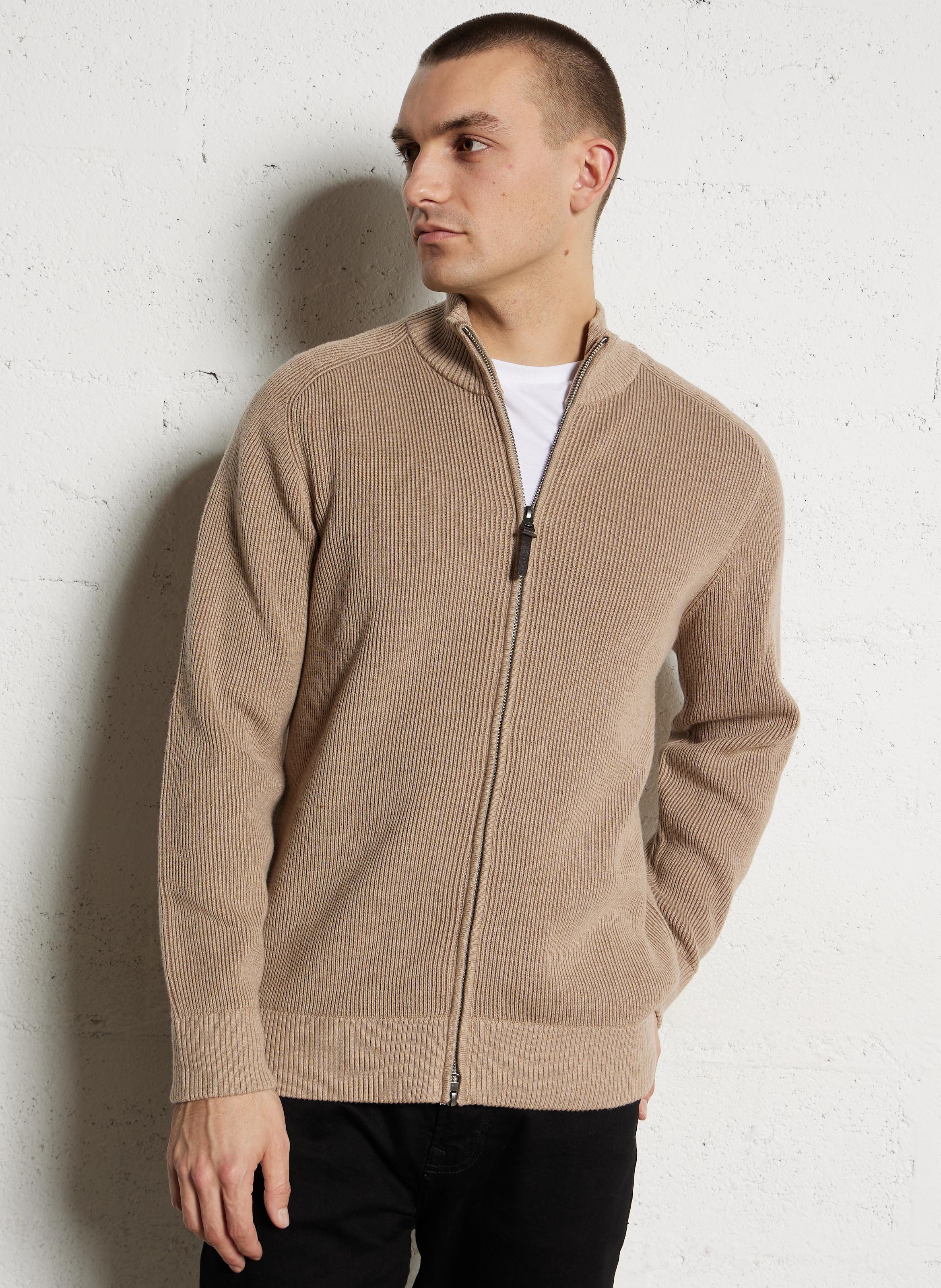 Geribbelde zip-up vest met opstaande kraag HACKETT Bruin