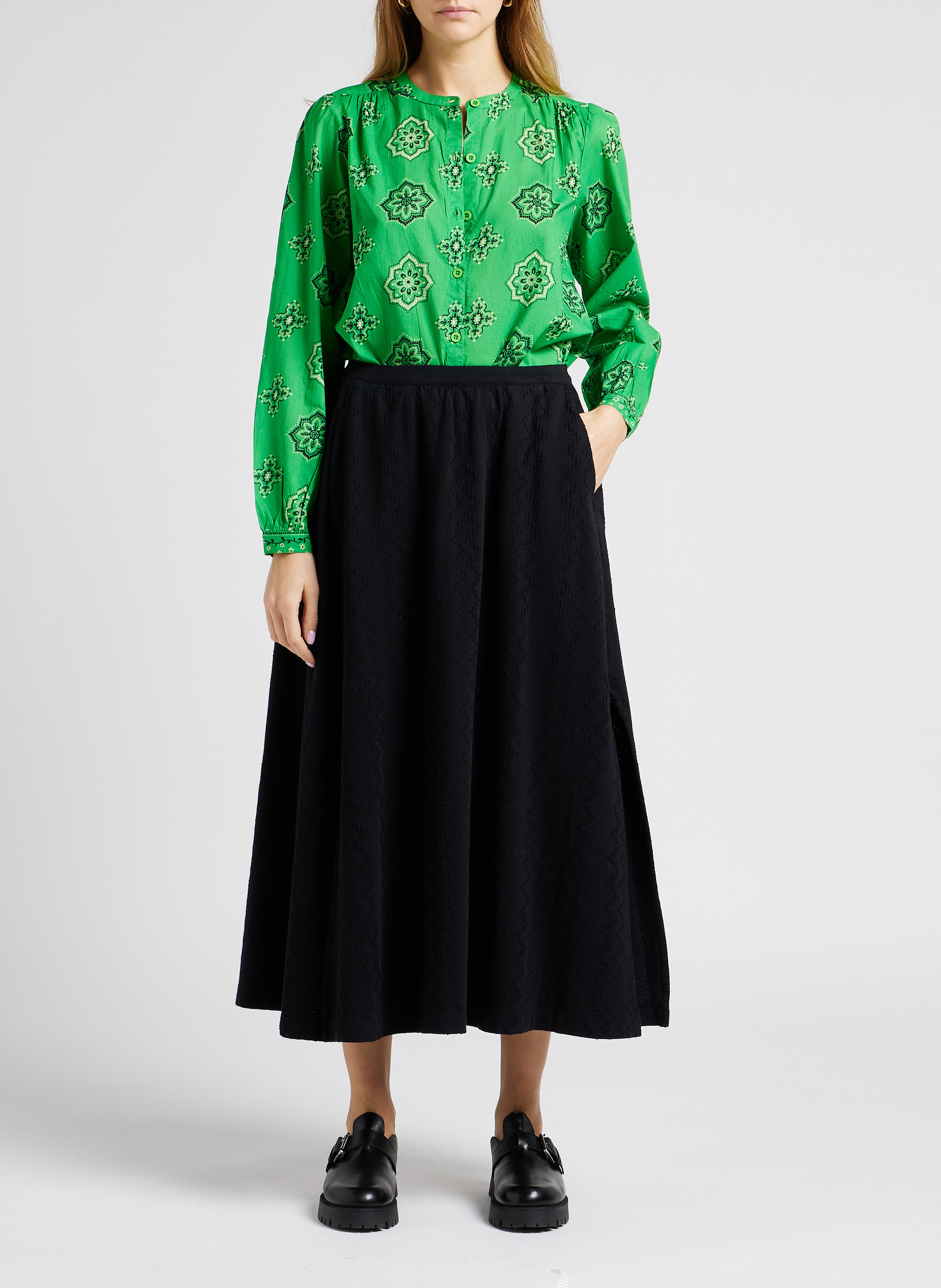 Katoenen blouse met ronde hals en print SWILDENS Groen