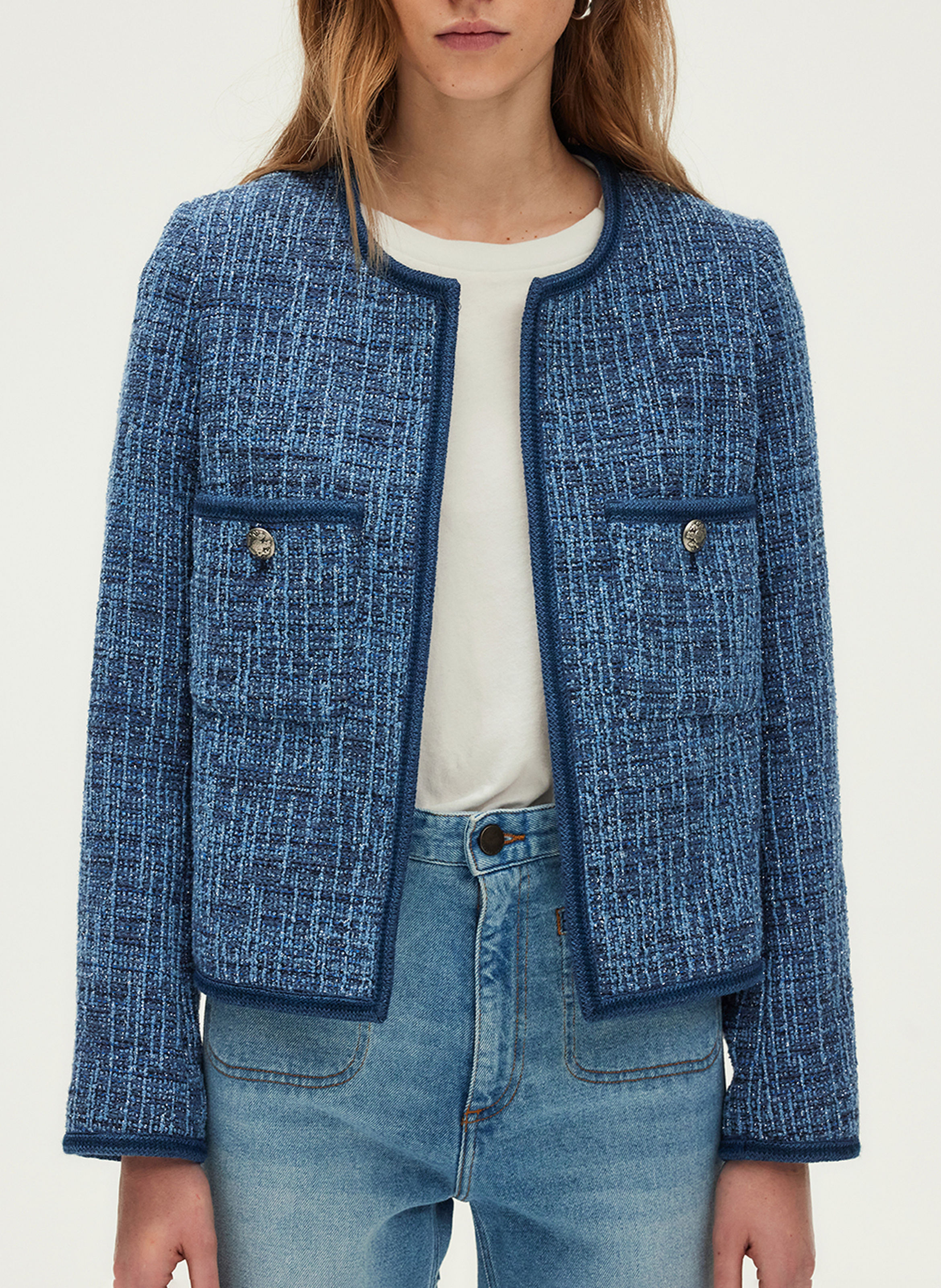 Veste droite col rond en coton mélangé PABLO Bleu