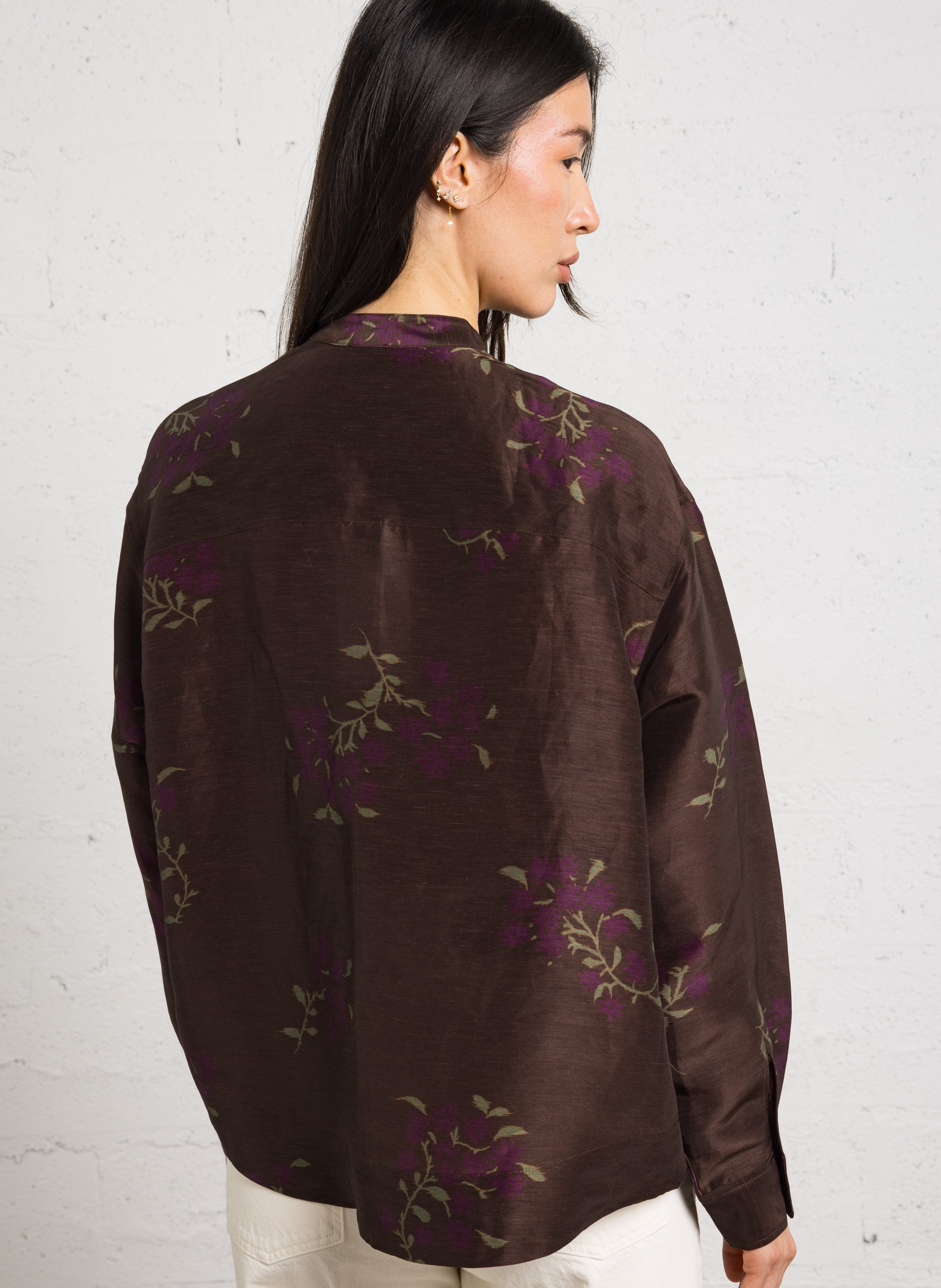 Blouse met Mao-kraag van gemengd linnen SOEUR Bruin