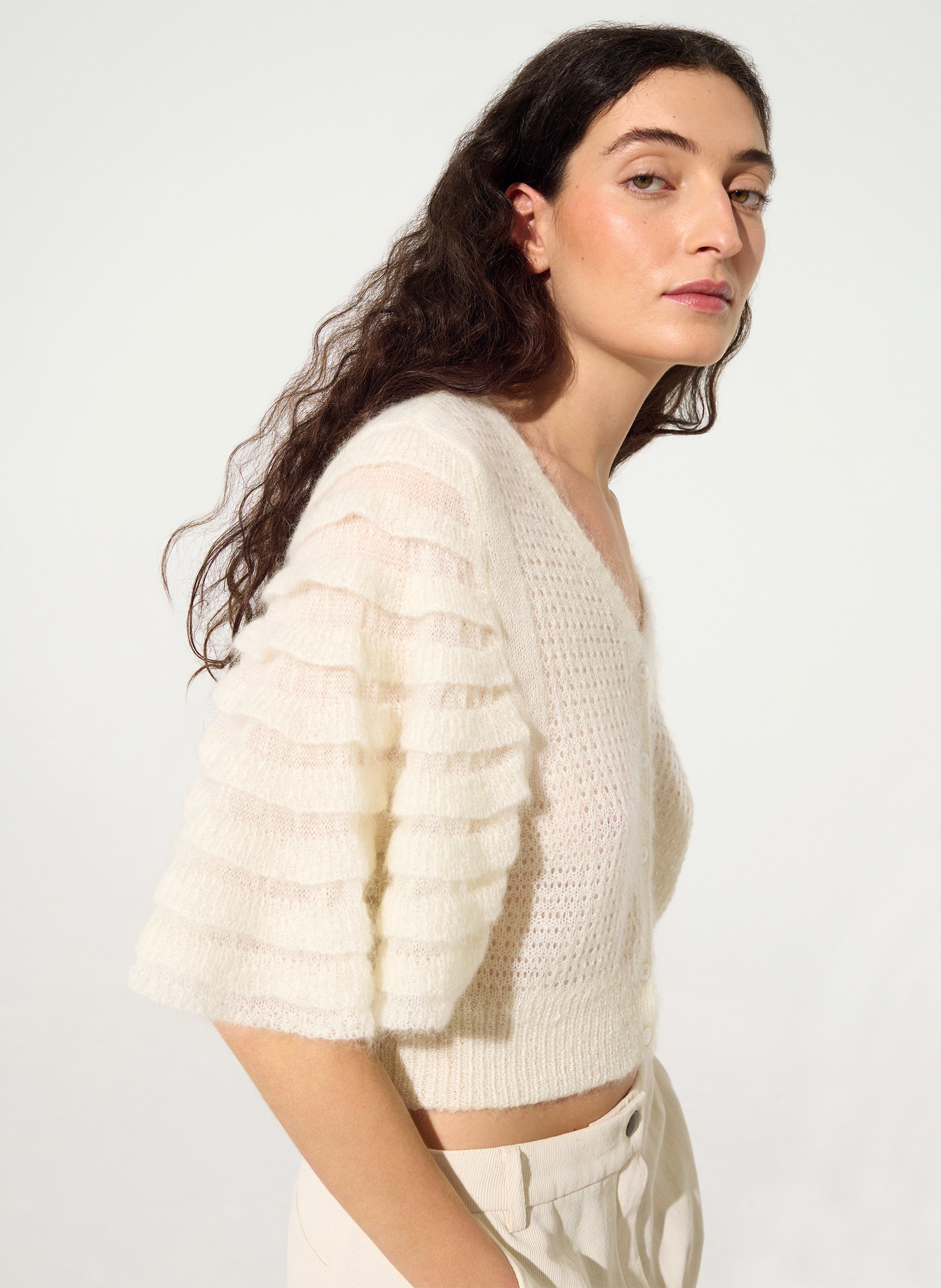 Straight V-neck cardigan with ruffled detail in blended mohair COTELAC White