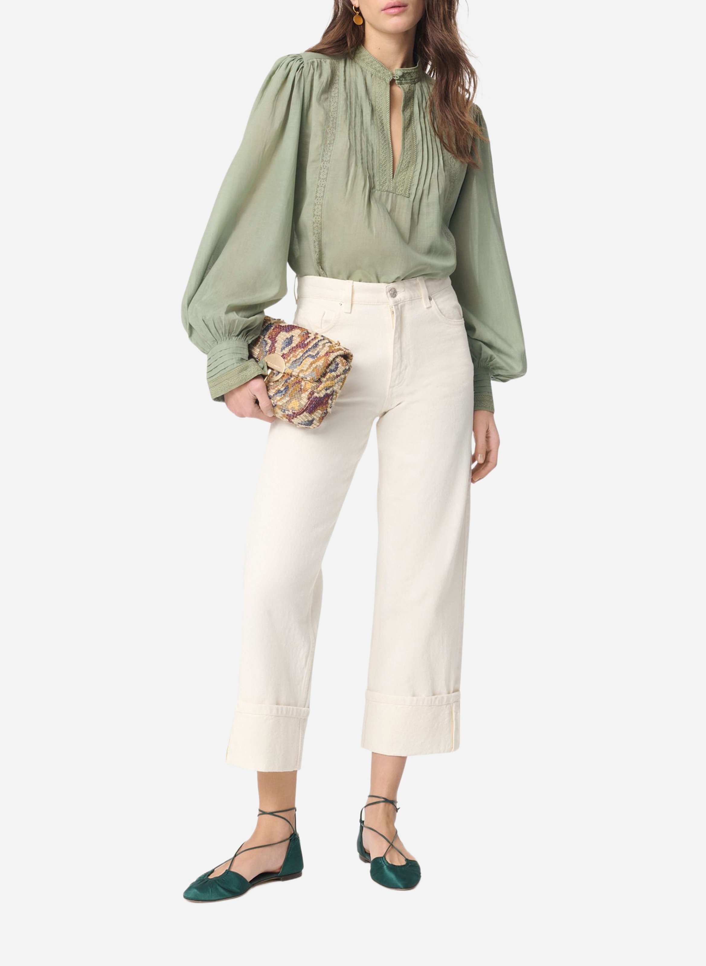 Blusa de mezcla de algodón con cuello de oficial VANESSA BRUNO Verde