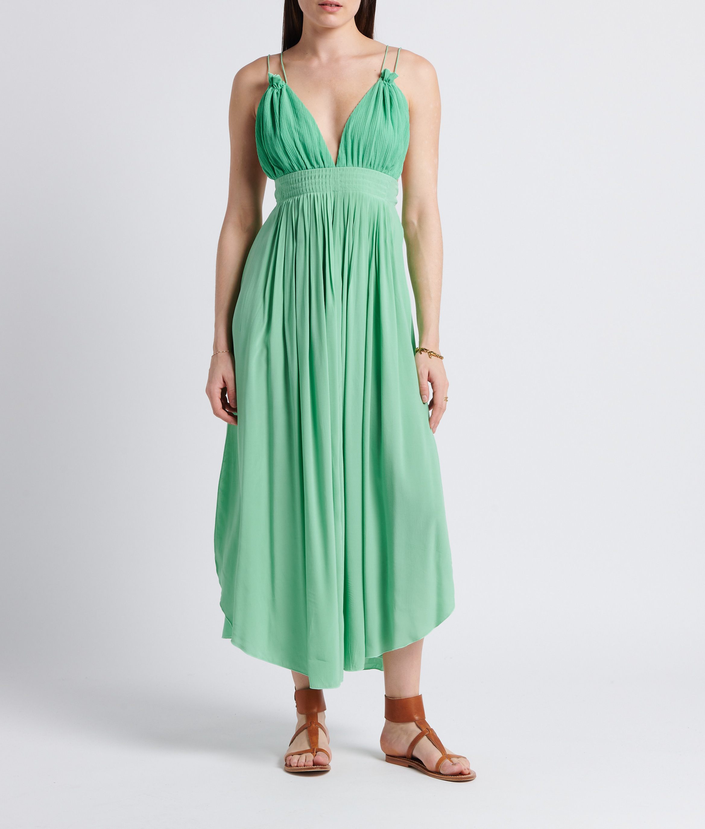 Langes, gerades Kleid aus Leinen-Seide-Mix mit V-Ausschnitt KARMA KOMA Grun