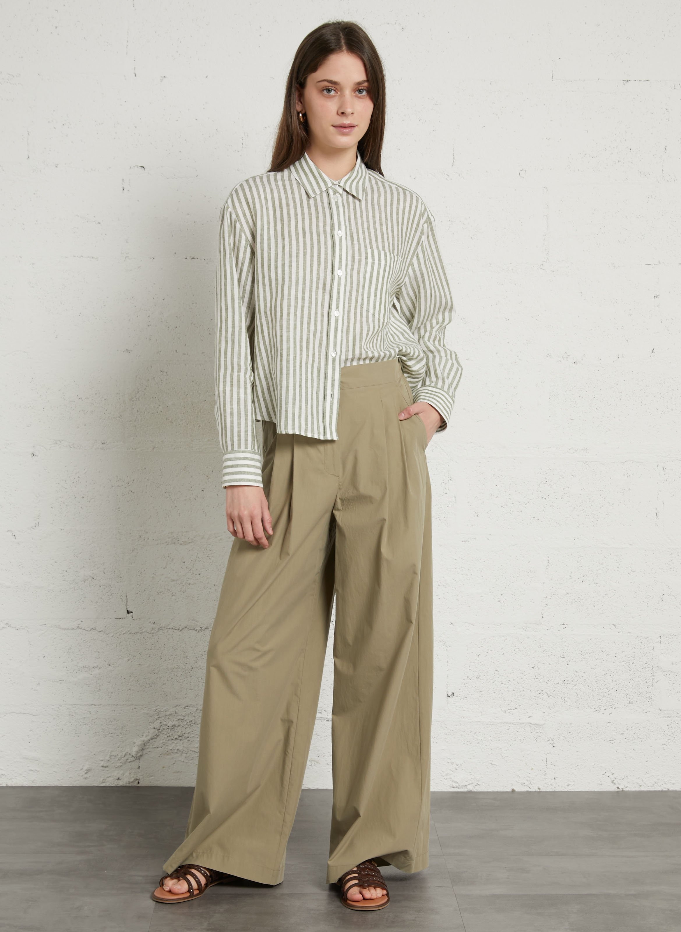 Loose short linen shirt with stripes MAX MARA WEEK END Khaki