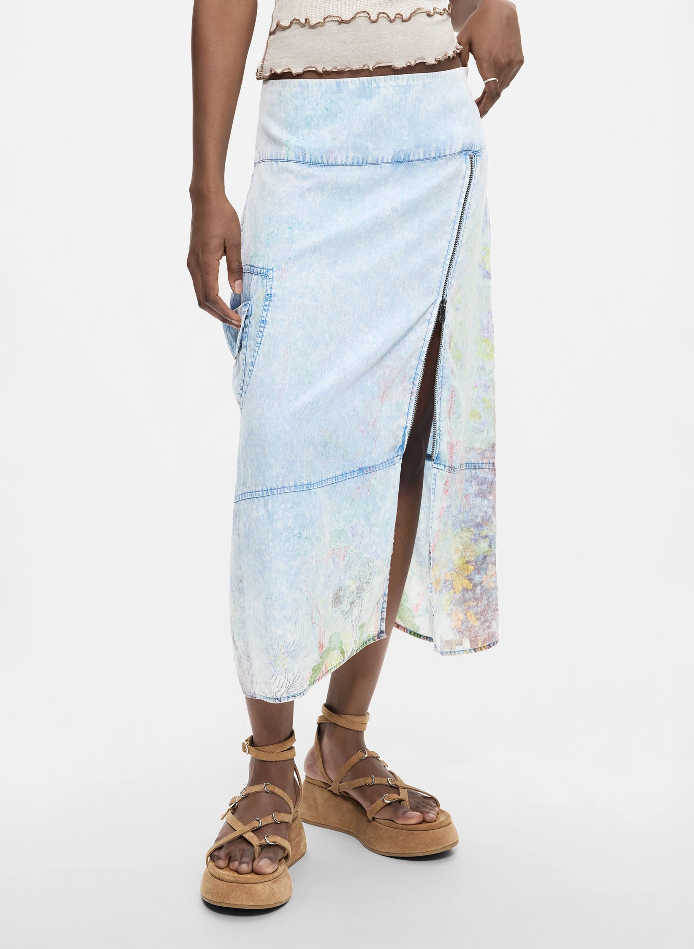 Jupe midi en denim DESIGUAL Bleu