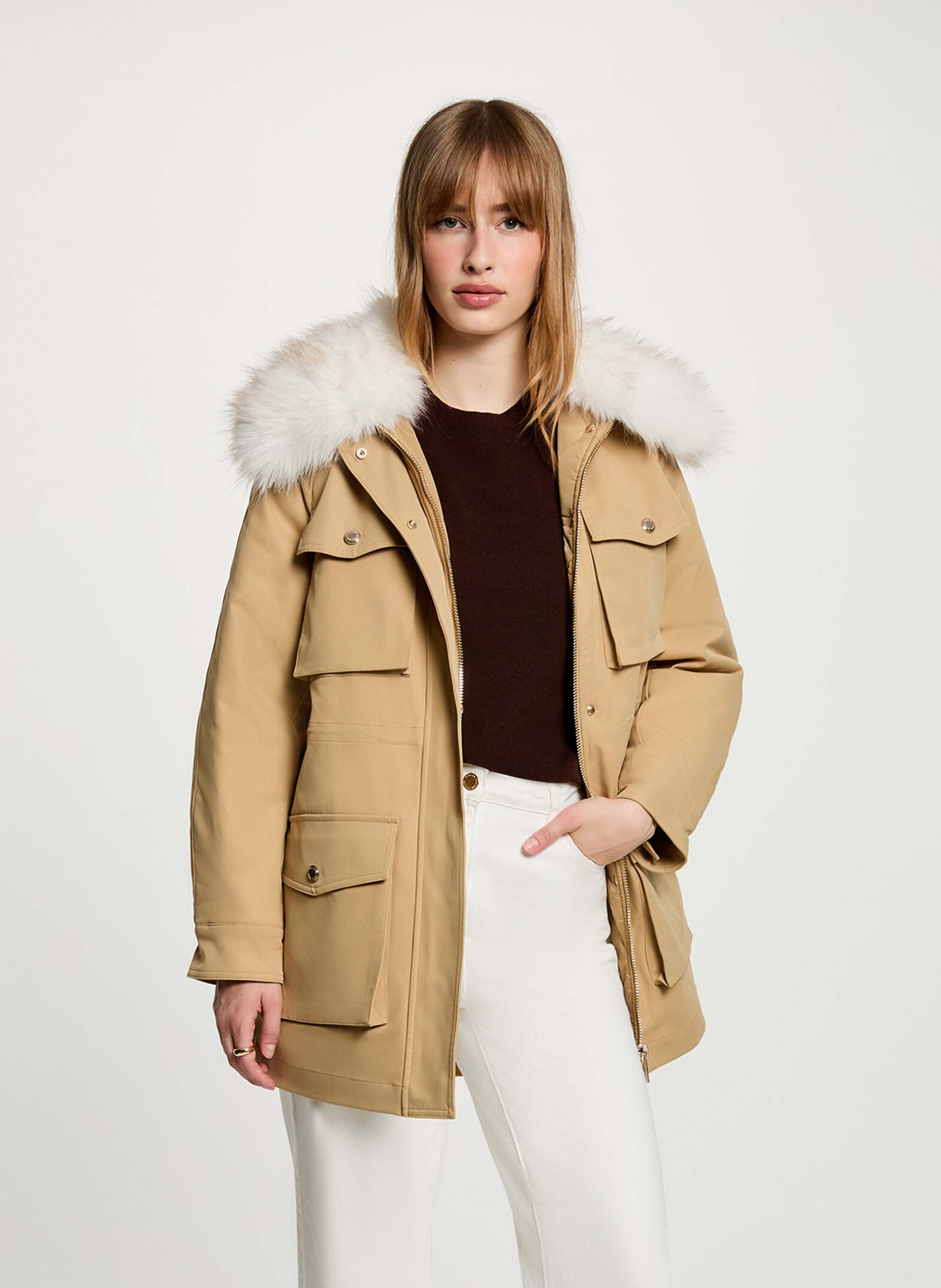 Parka droite ceinturée à col effet fourrure MORGAN Beige