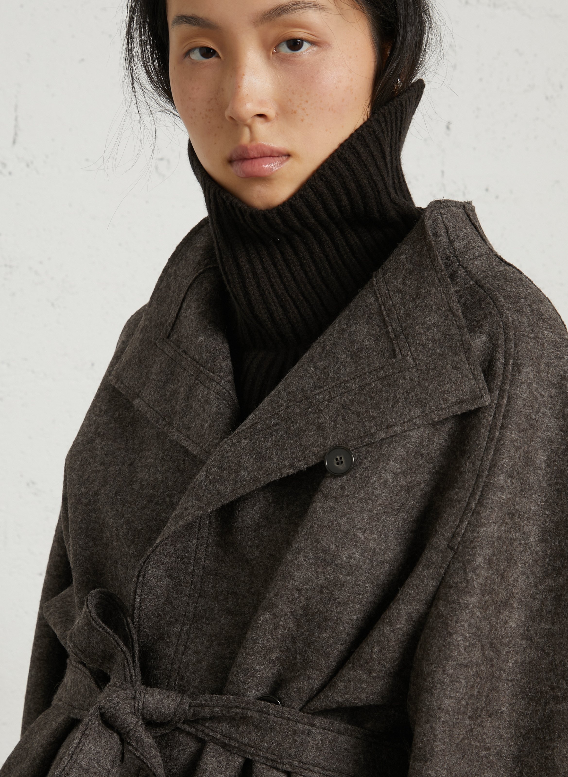 Veste droite à ceinture en laine SOEUR Marron