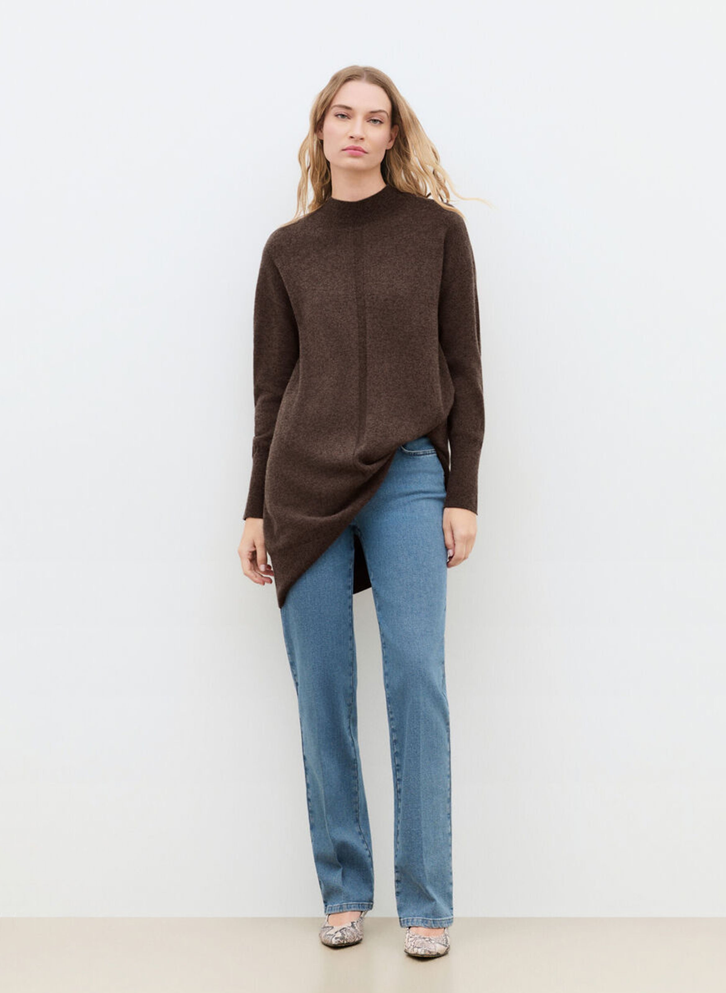 Robe courte col rond en laine mélangée CAROLL Marron