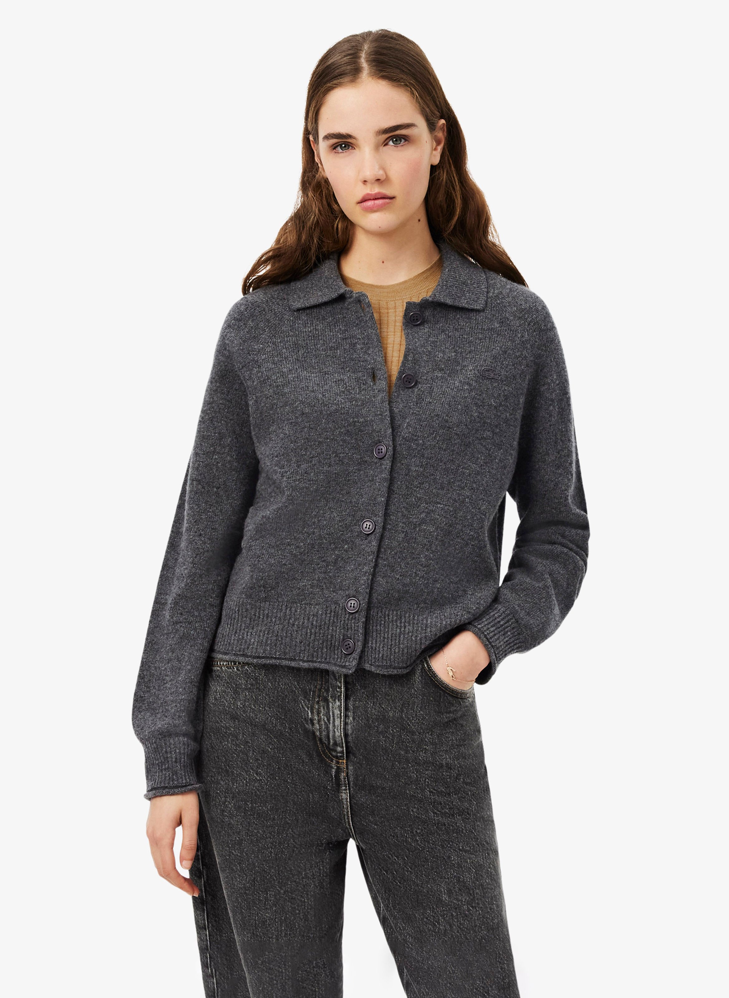 Cardigan col classique en laine LACOSTE Gris