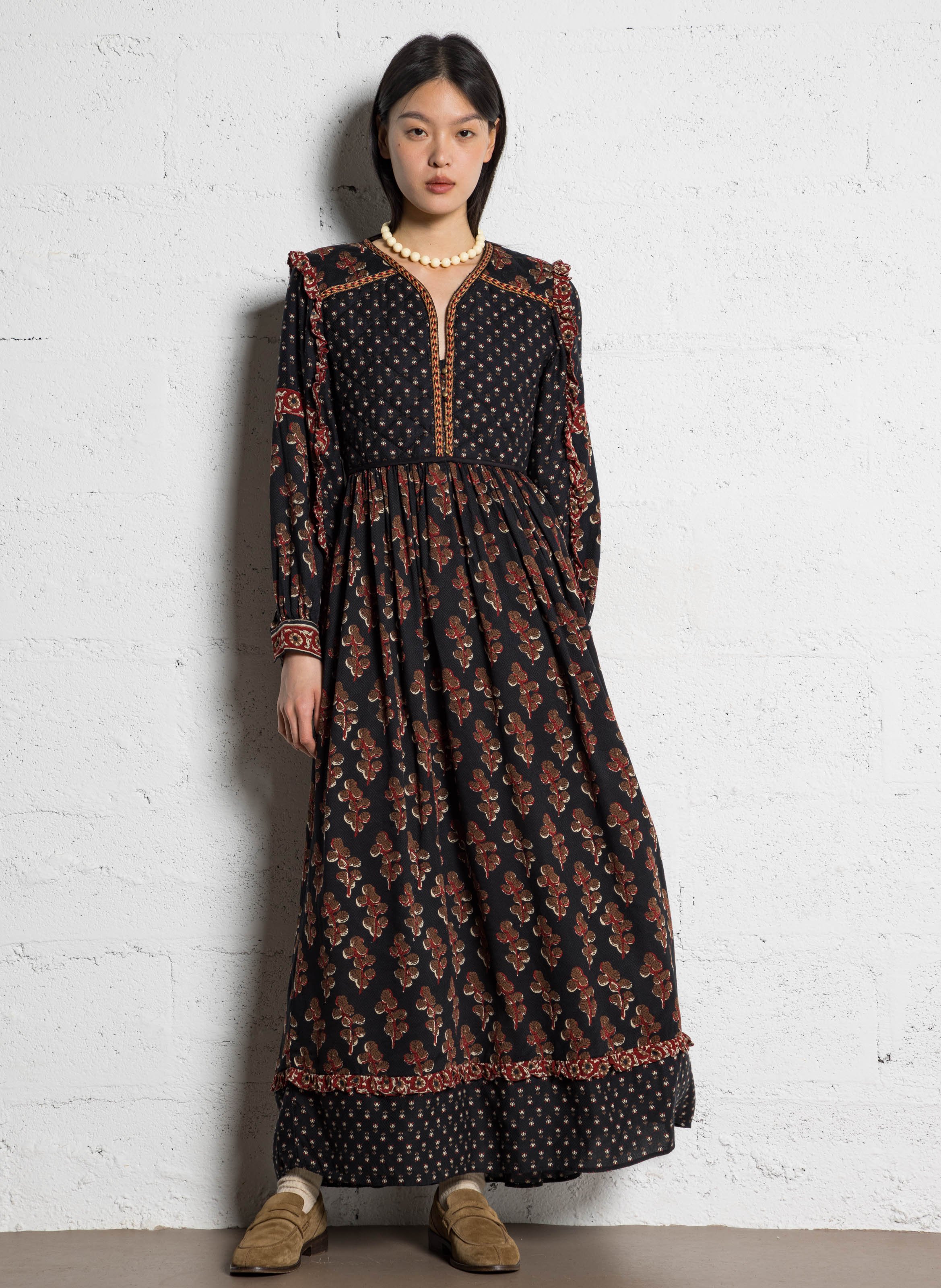Long dress with split collar printed MAISON HOTEL Brown