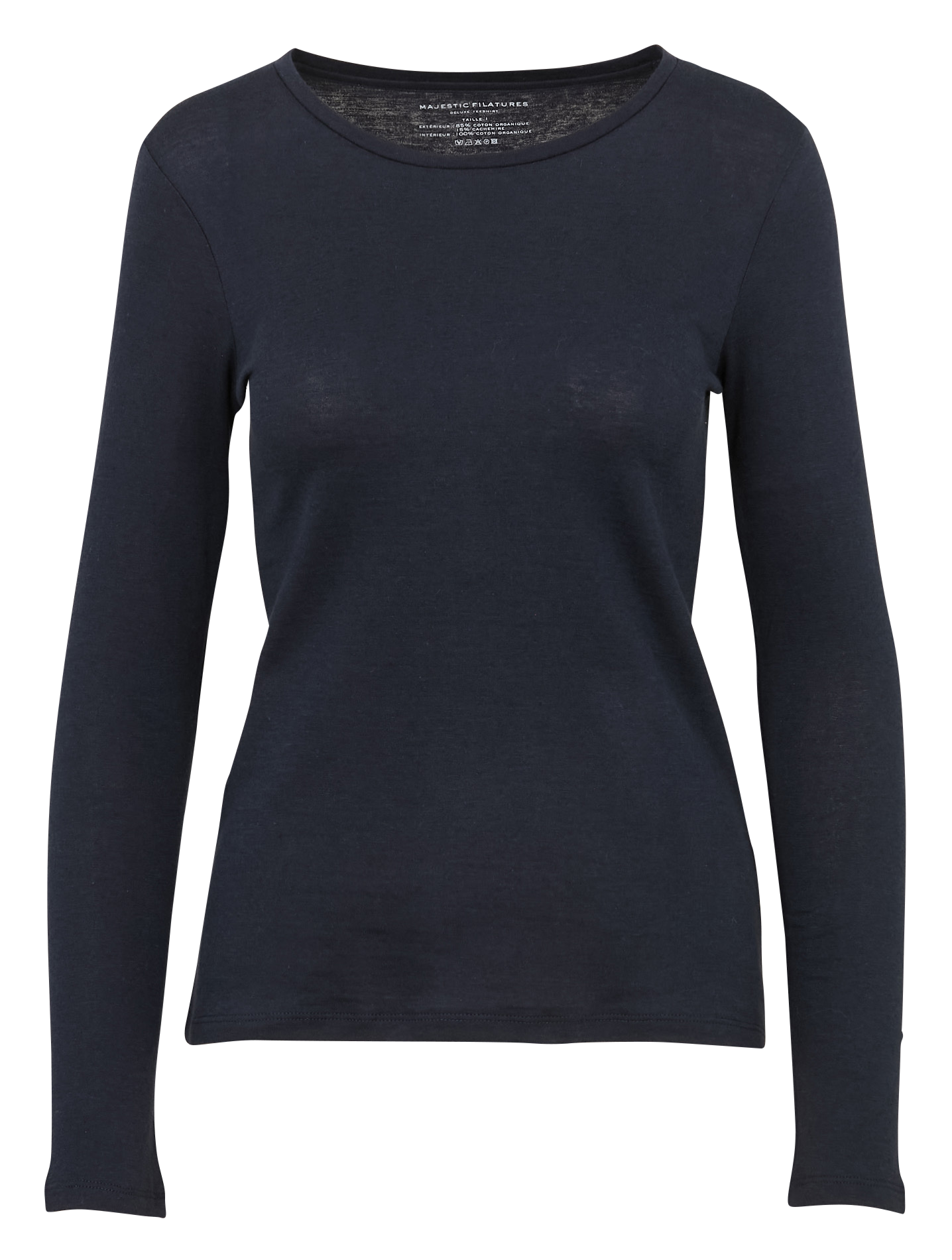 Tee-shirt cintré col rond en coton bio et cachemire MAJESTIC FILATURES Bleu