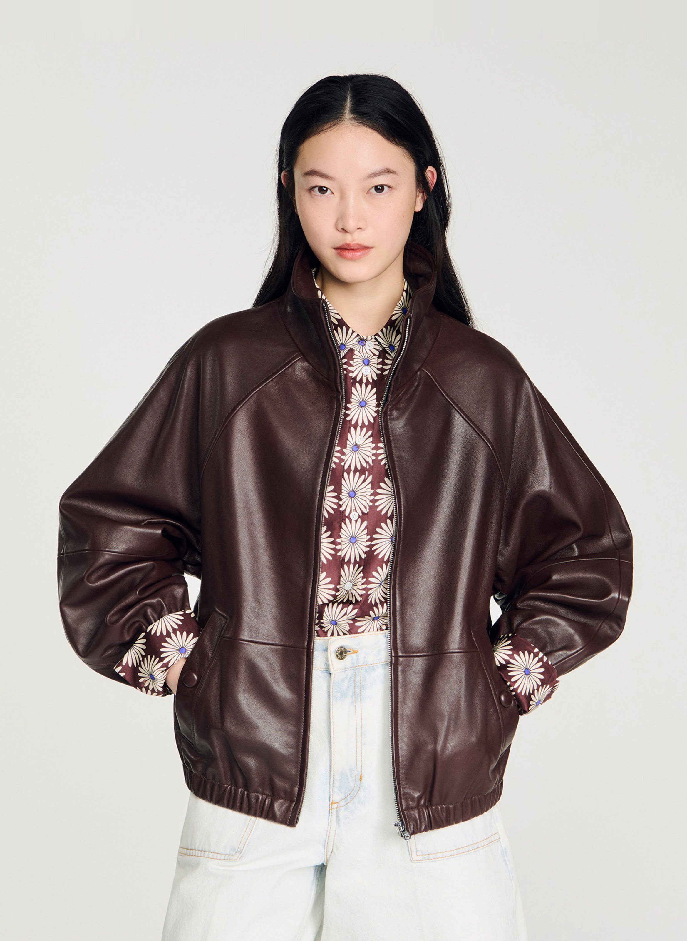 Leren jasje met opstaande kraag SANDRO Bruin