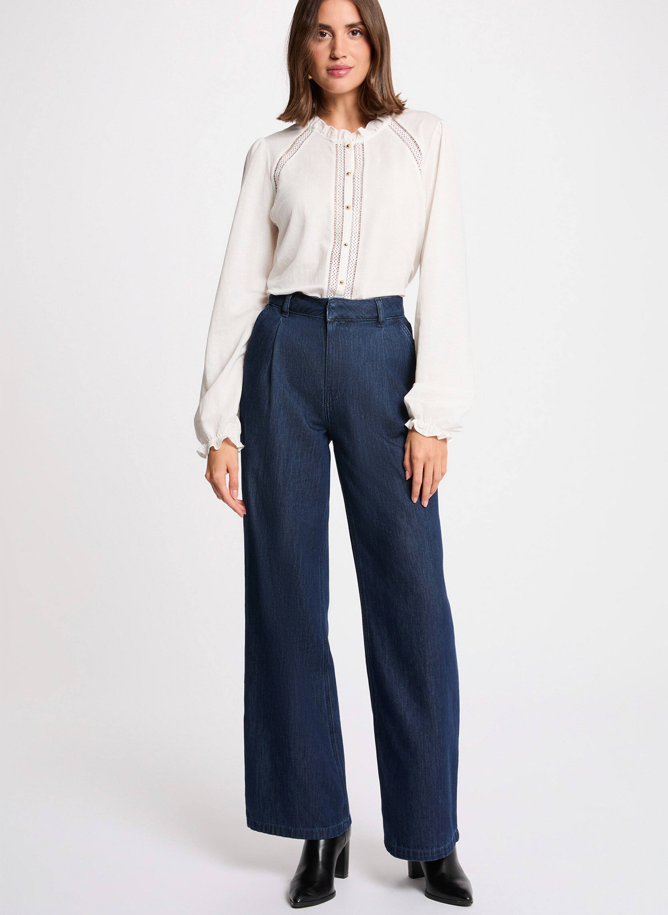 Straight button-up blouse with ruffle details MORGAN White