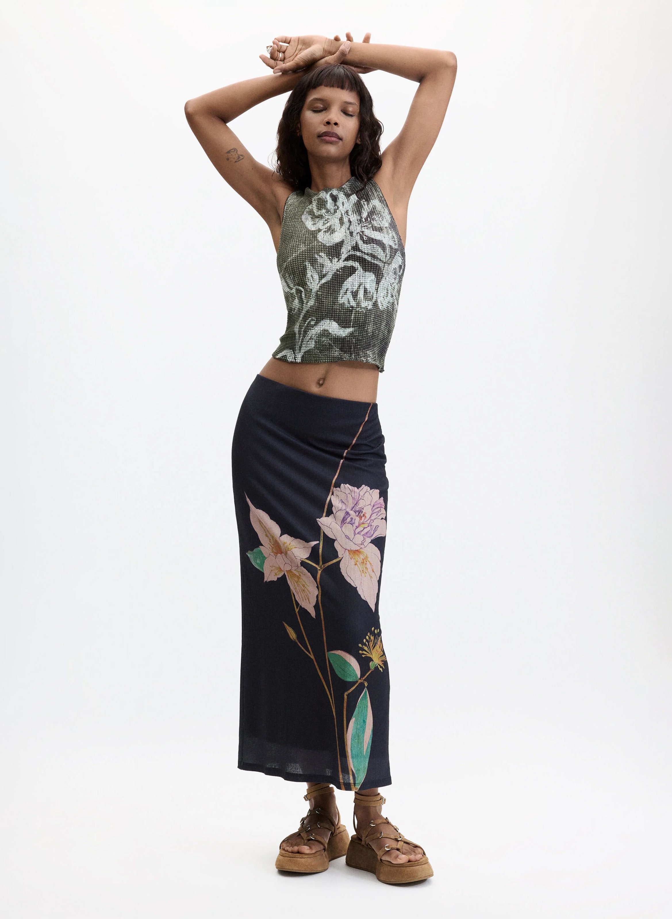 Jupe longue à imprimé floral DESIGUAL Noir