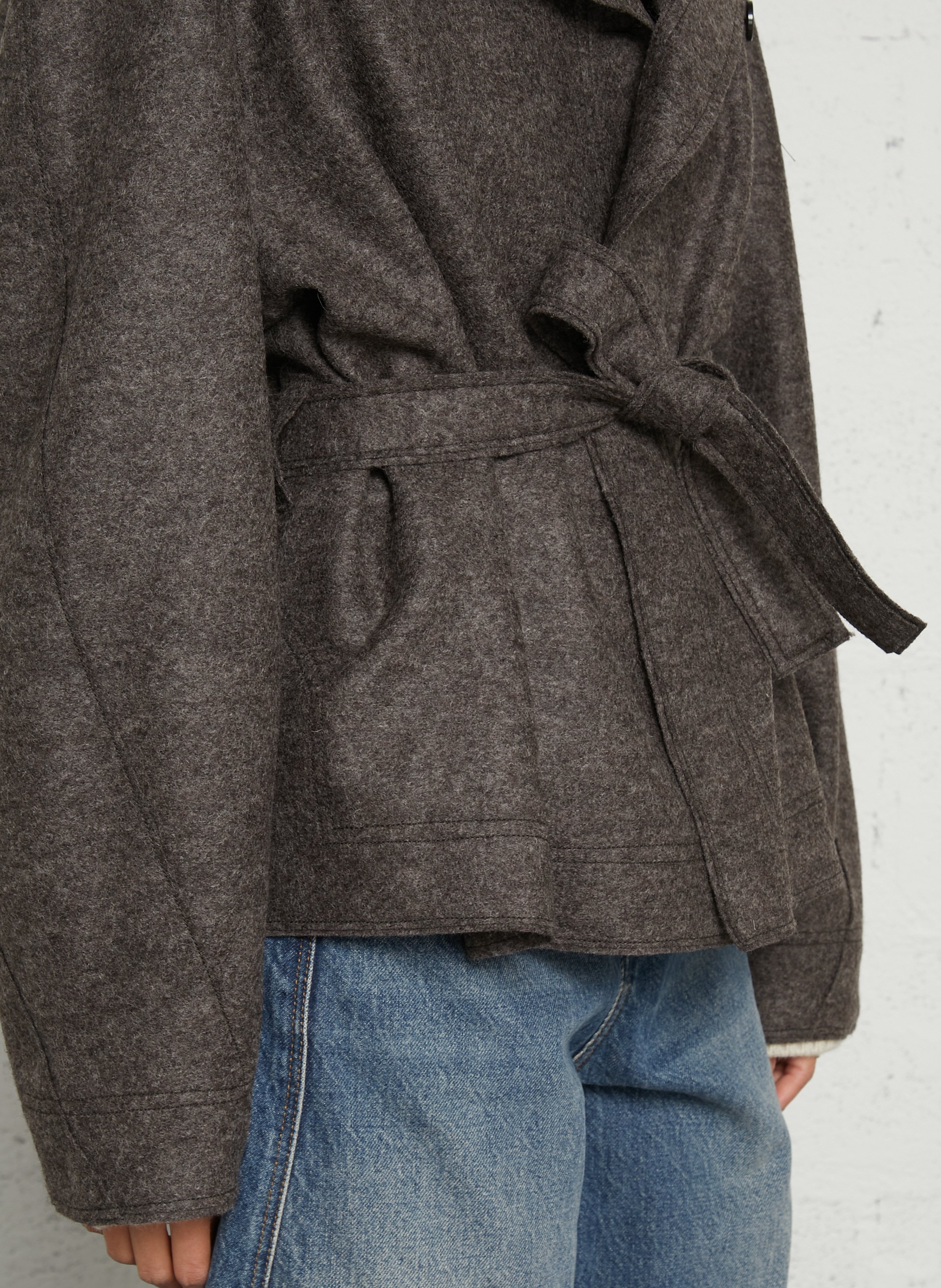Veste droite à ceinture en laine SOEUR Marron