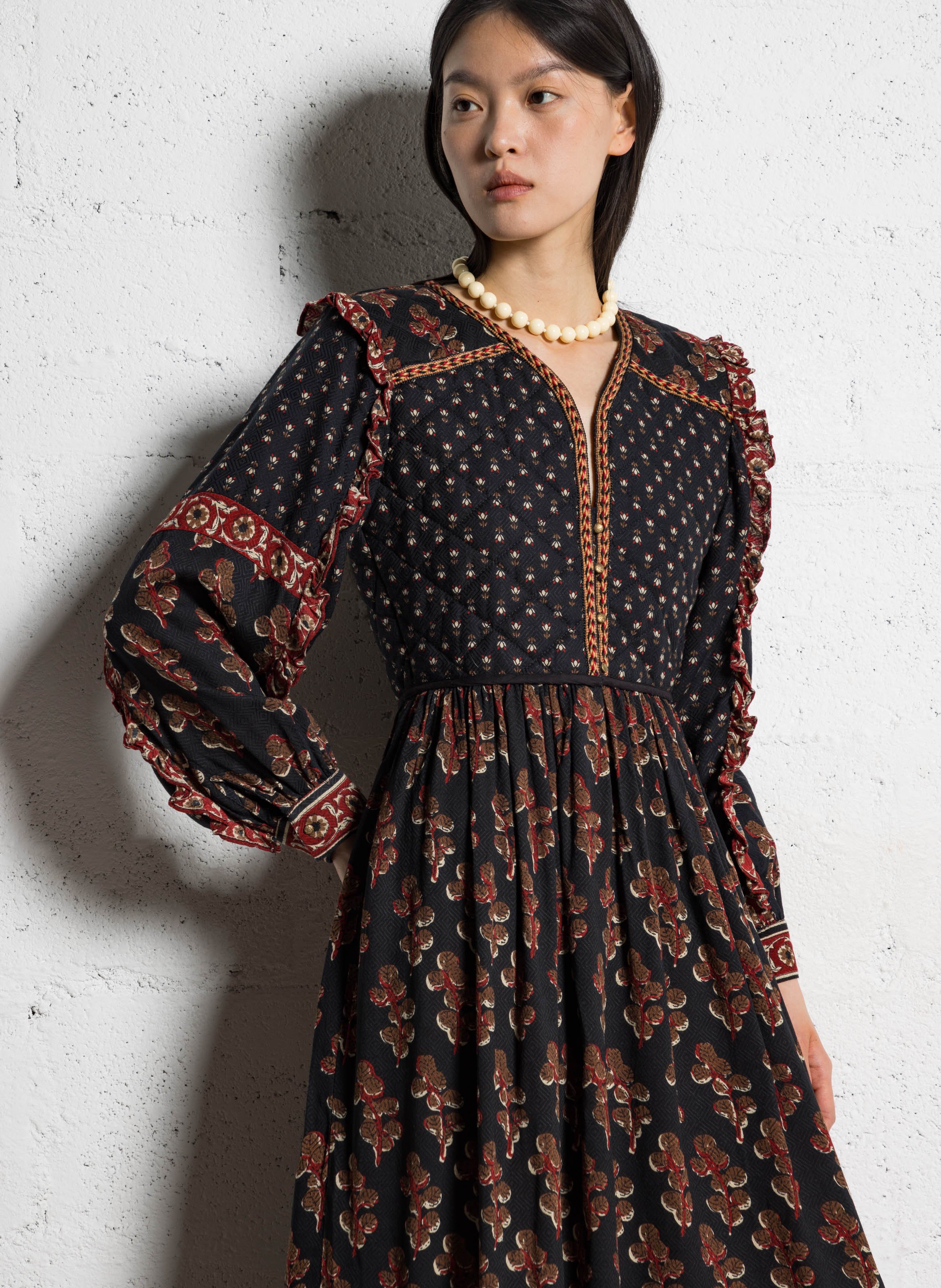 Long dress with split collar printed MAISON HOTEL Brown