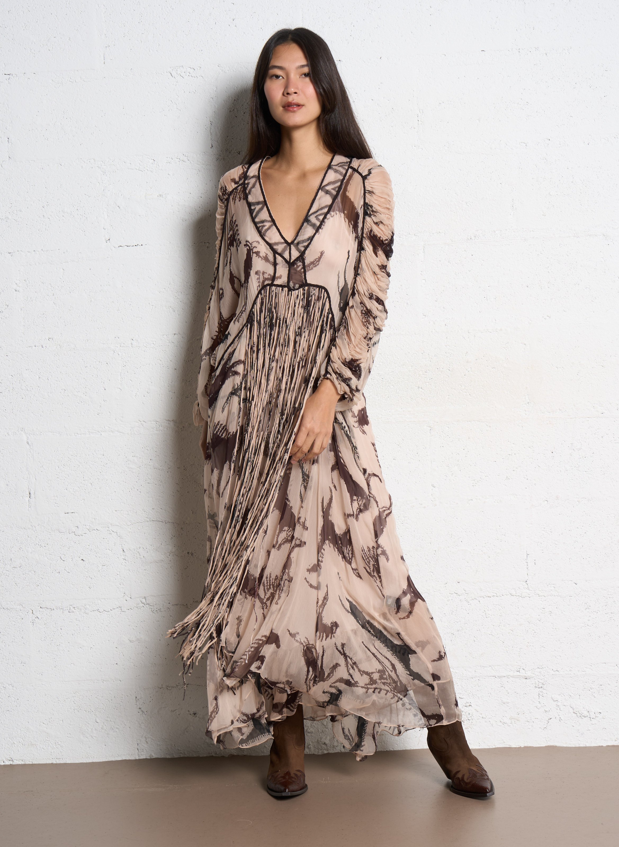 Robe longue col V imprimé MES DEMOISELLES Beige