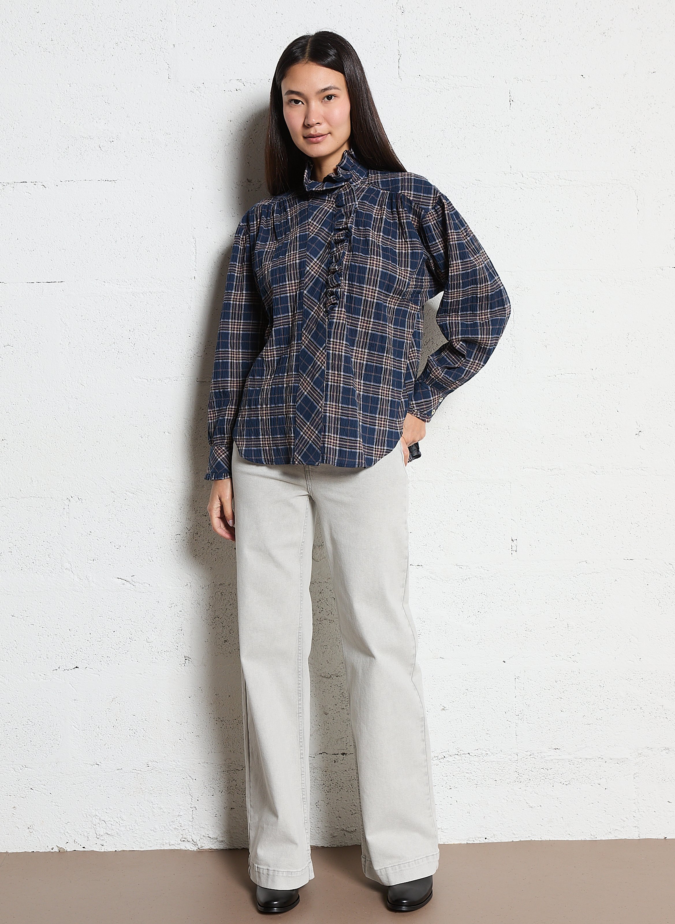 Straight shirt with ruffled collar in checked cotton SOPHIE+LUCIE Blue