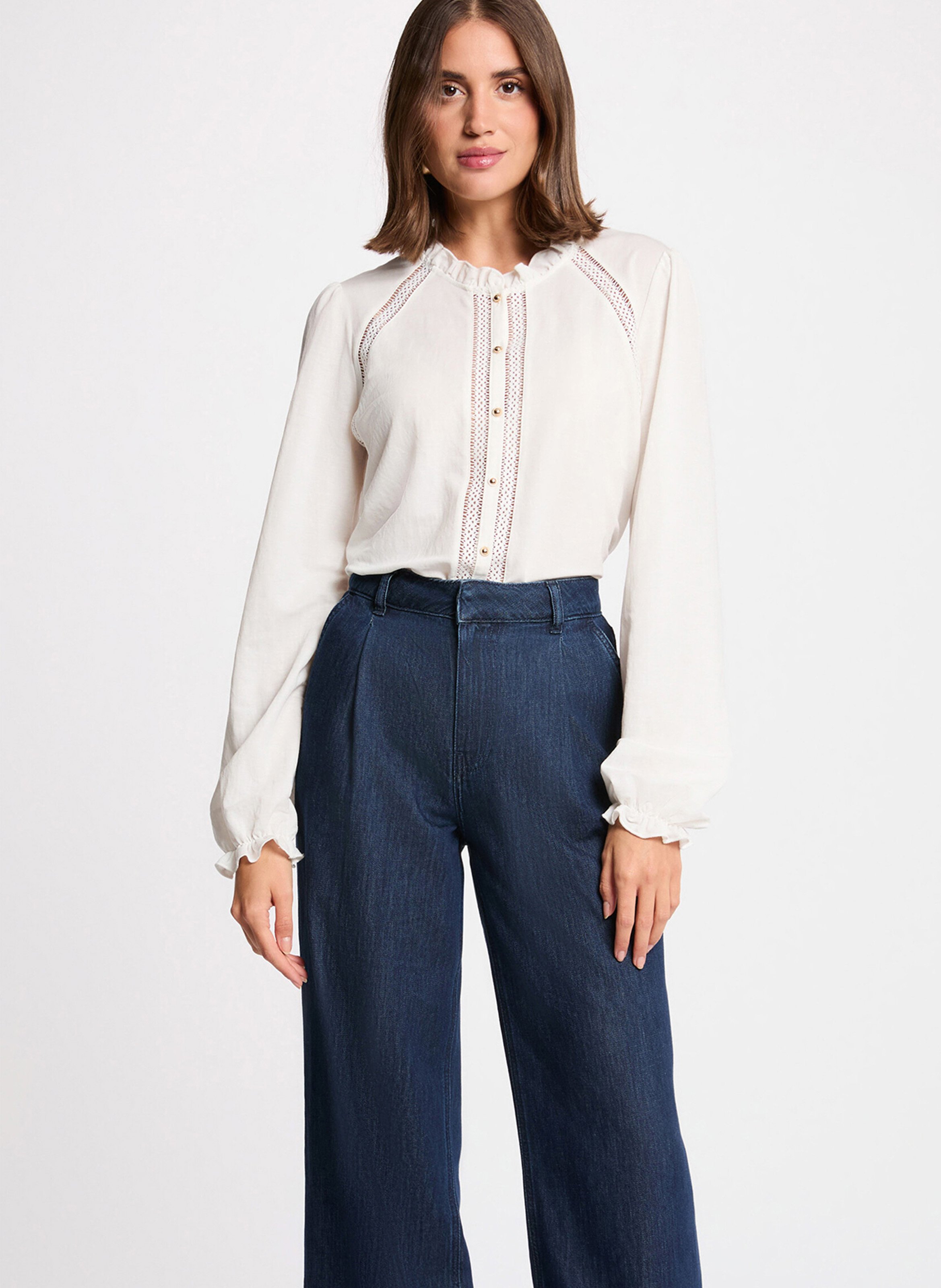 Straight button-up blouse with ruffle details MORGAN White