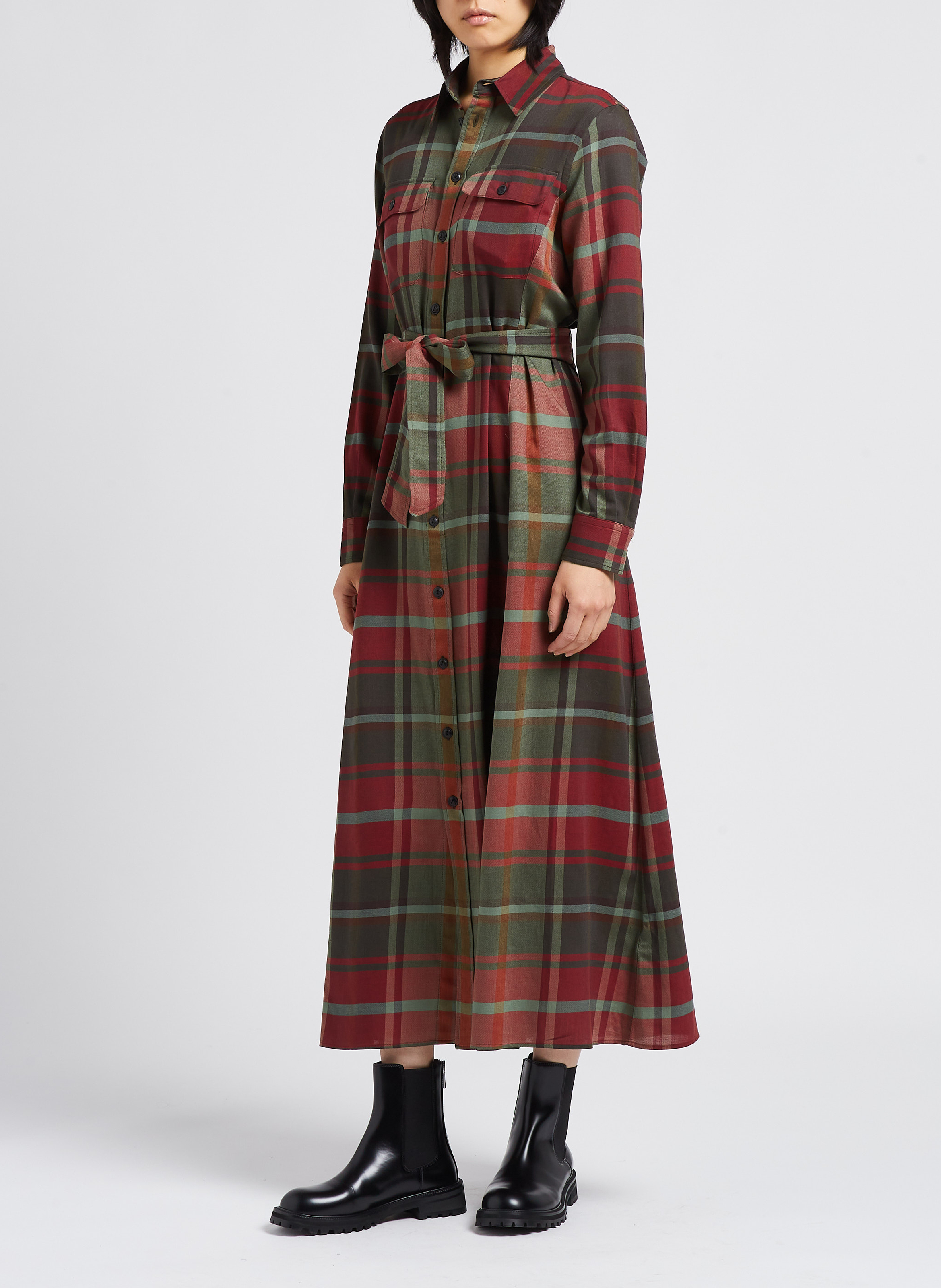 Robe longue col classique à carreaux en coton mélangé  POLO RALPH LAUREN Kaki