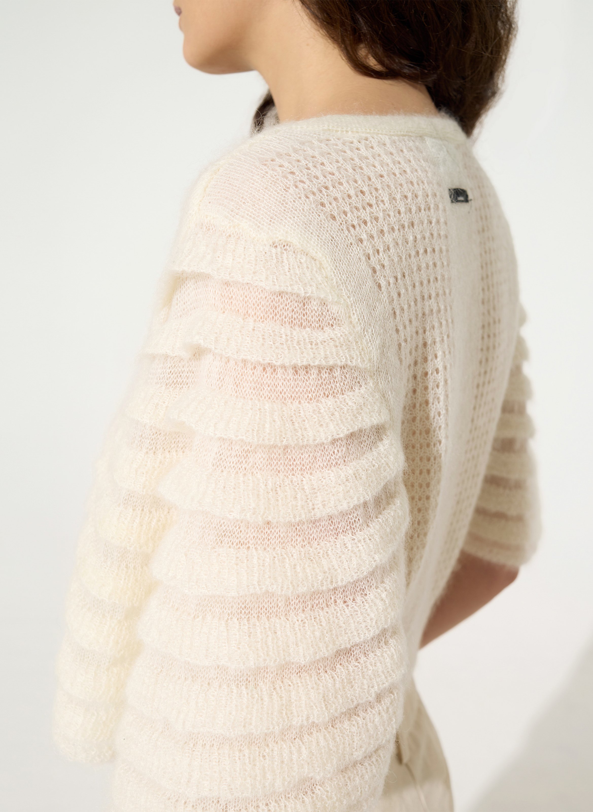 Straight V-neck cardigan with ruffled detail in blended mohair COTELAC White