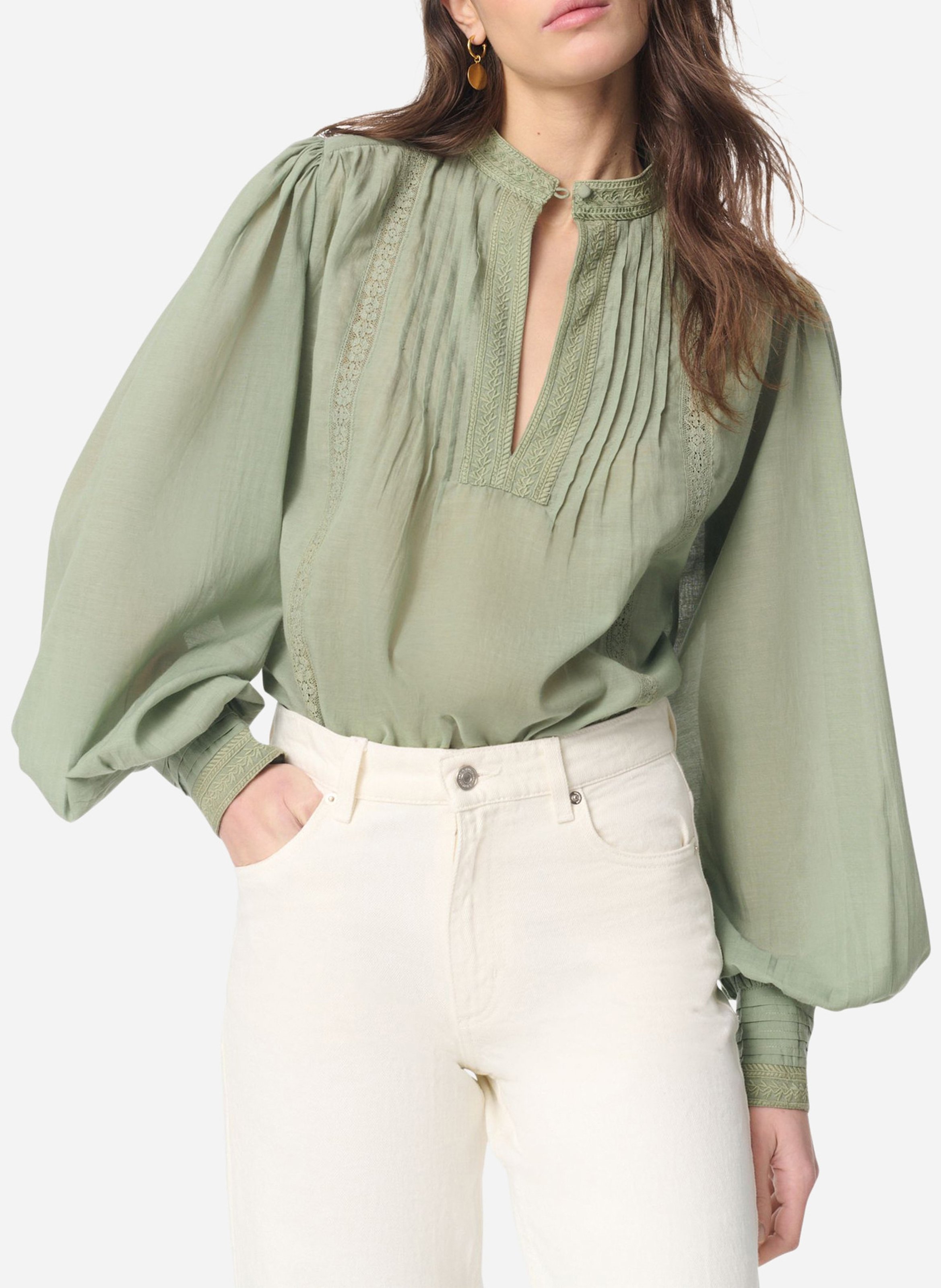 Blusa de mezcla de algodón con cuello de oficial VANESSA BRUNO Verde