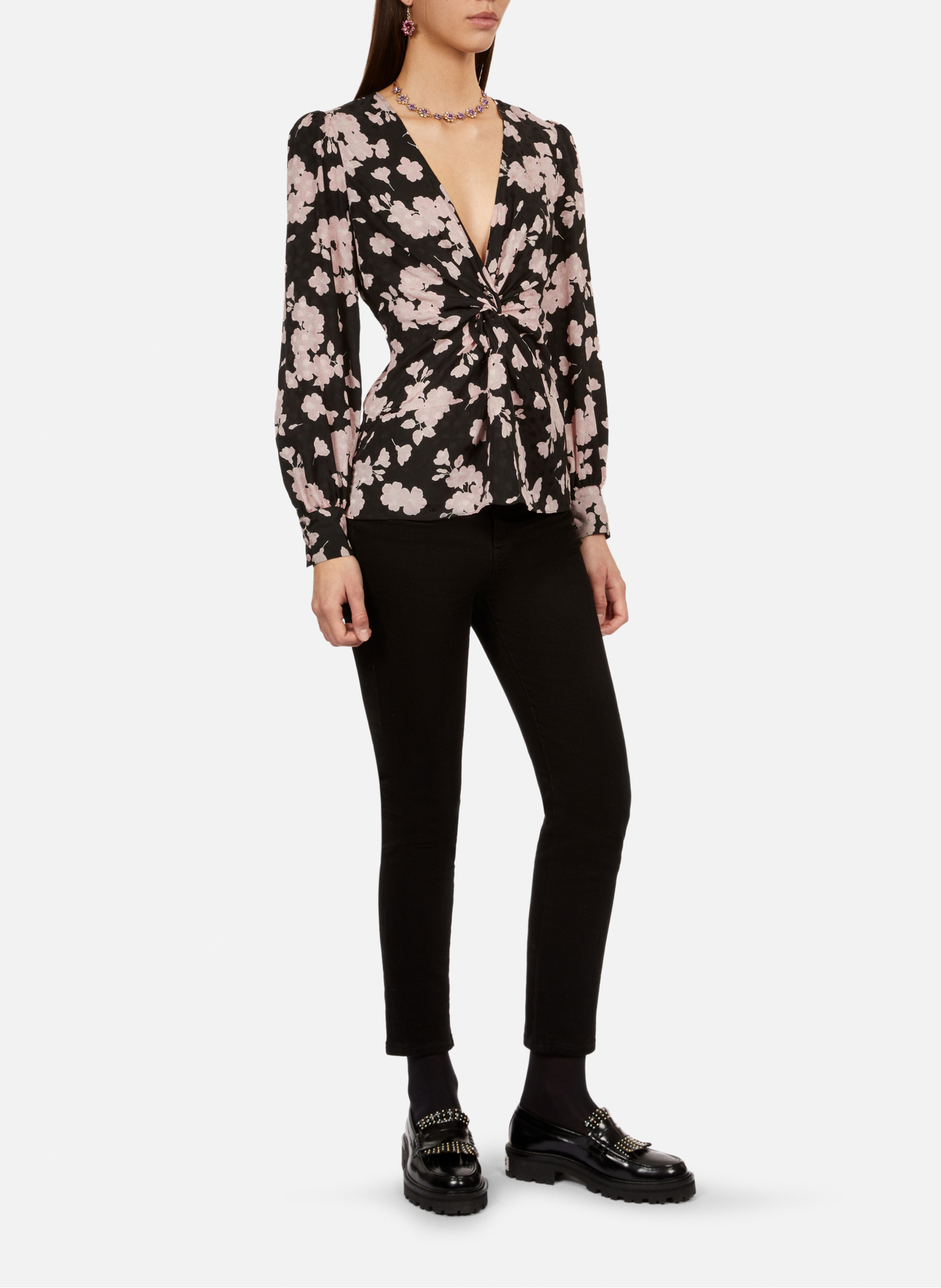 Printed V-neck top with drape THE KOOPLES Black