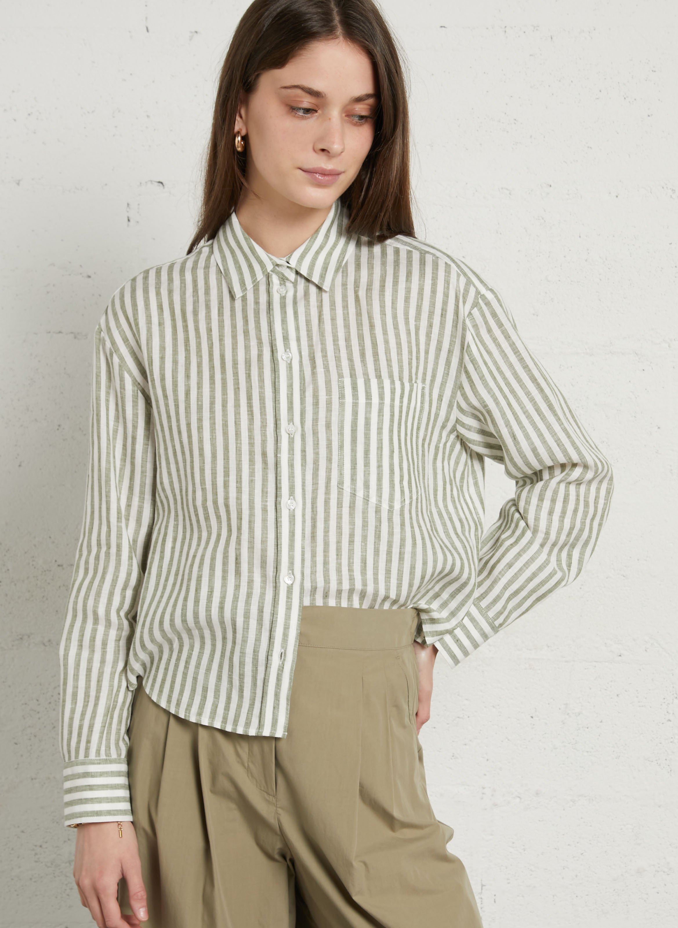 Loose short linen shirt with stripes MAX MARA WEEK END Khaki