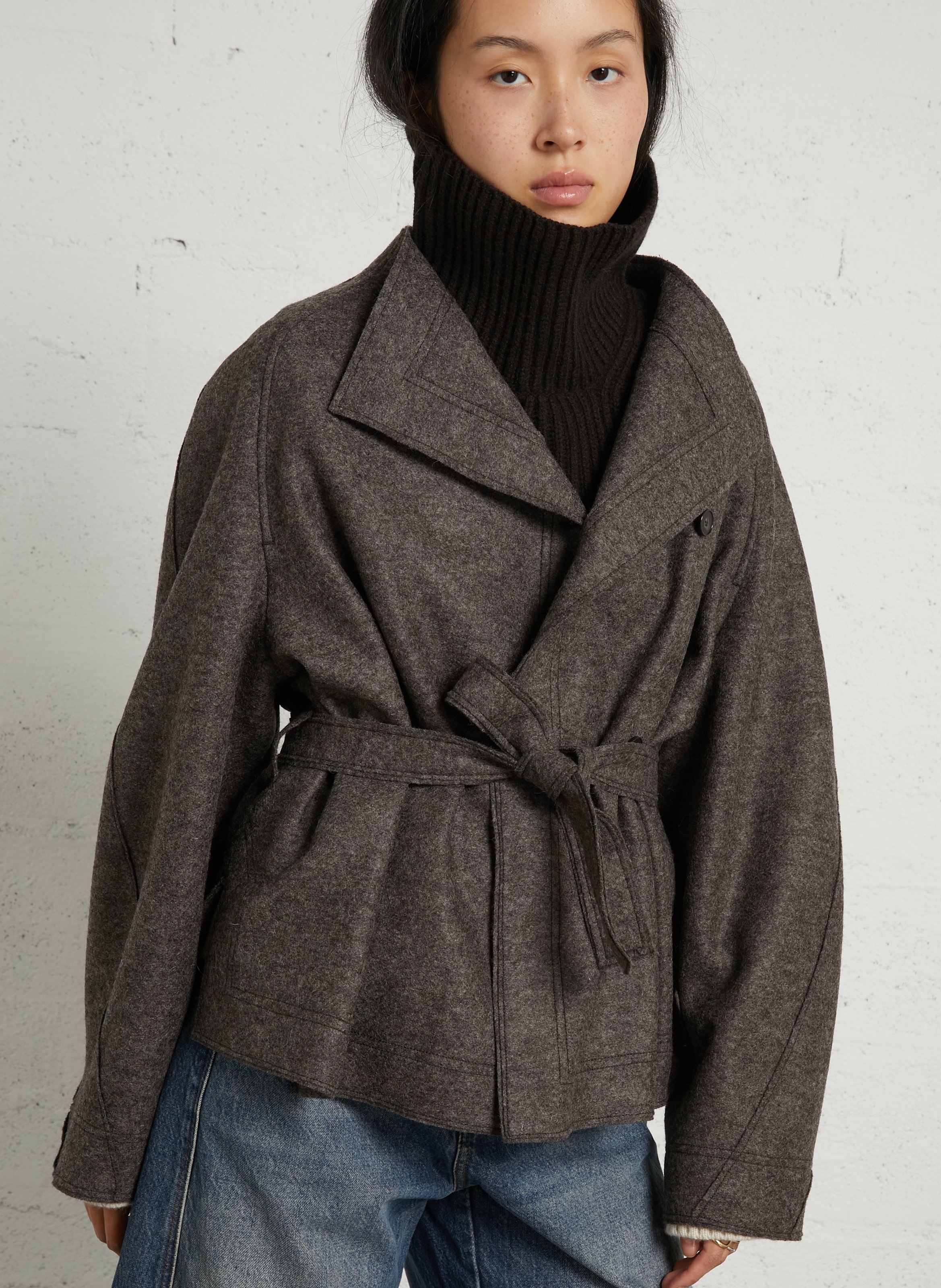 Veste droite à ceinture en laine SOEUR Marron