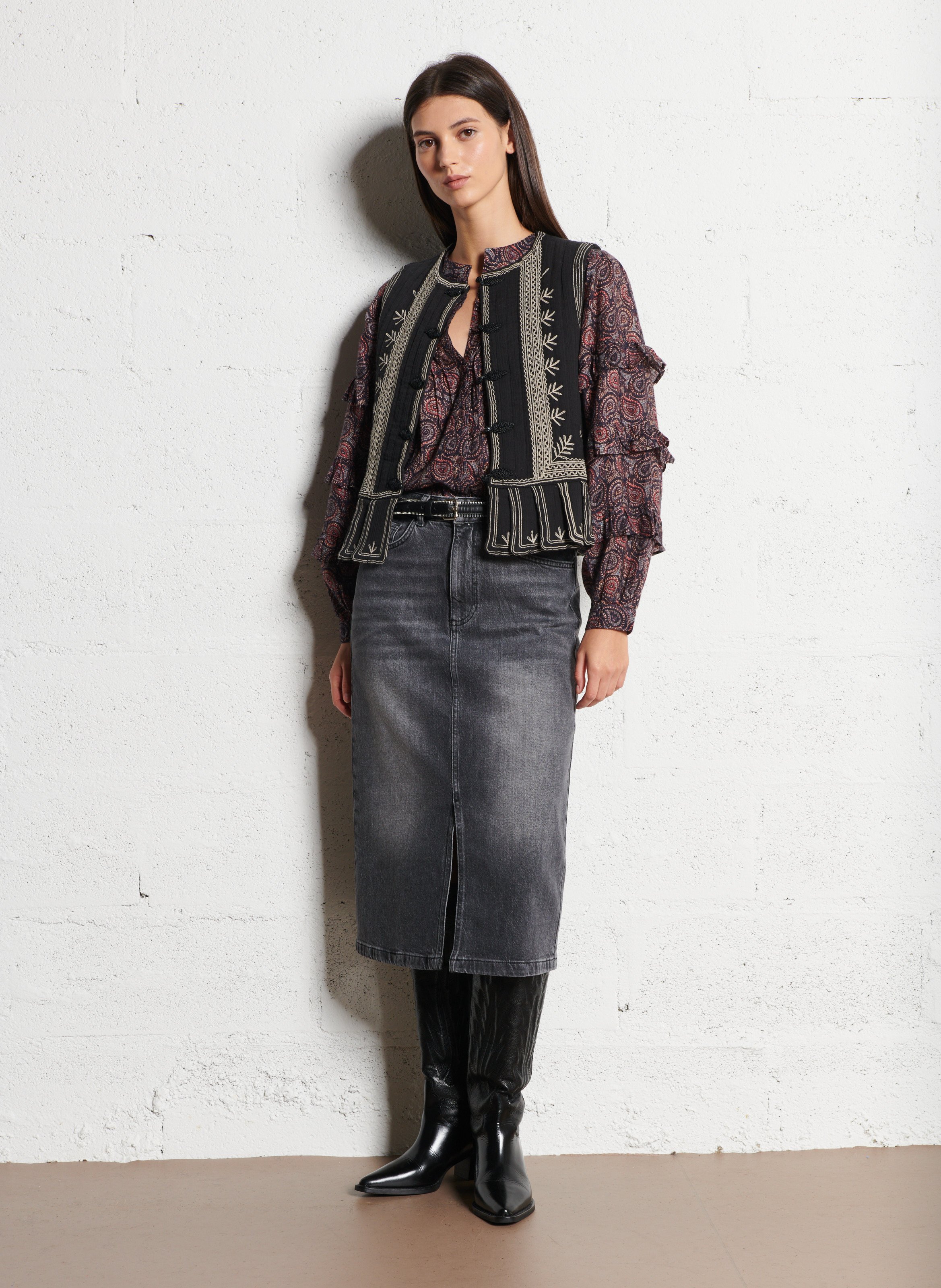 Jupe midi droite en denim stretch MAISON 123 Gris