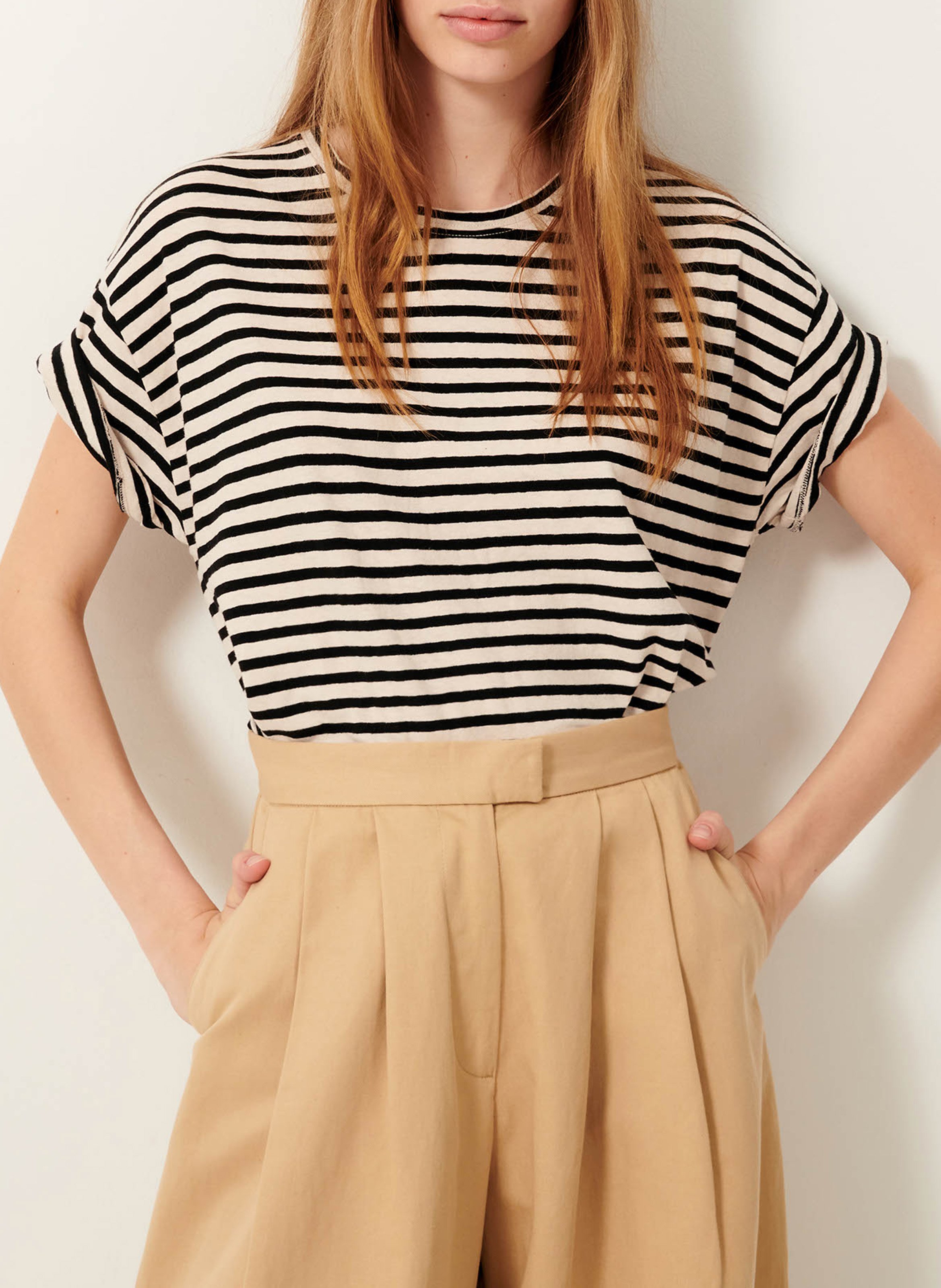 Loose-fit round-neck striped cotton-blend T-shirt SESSUN White