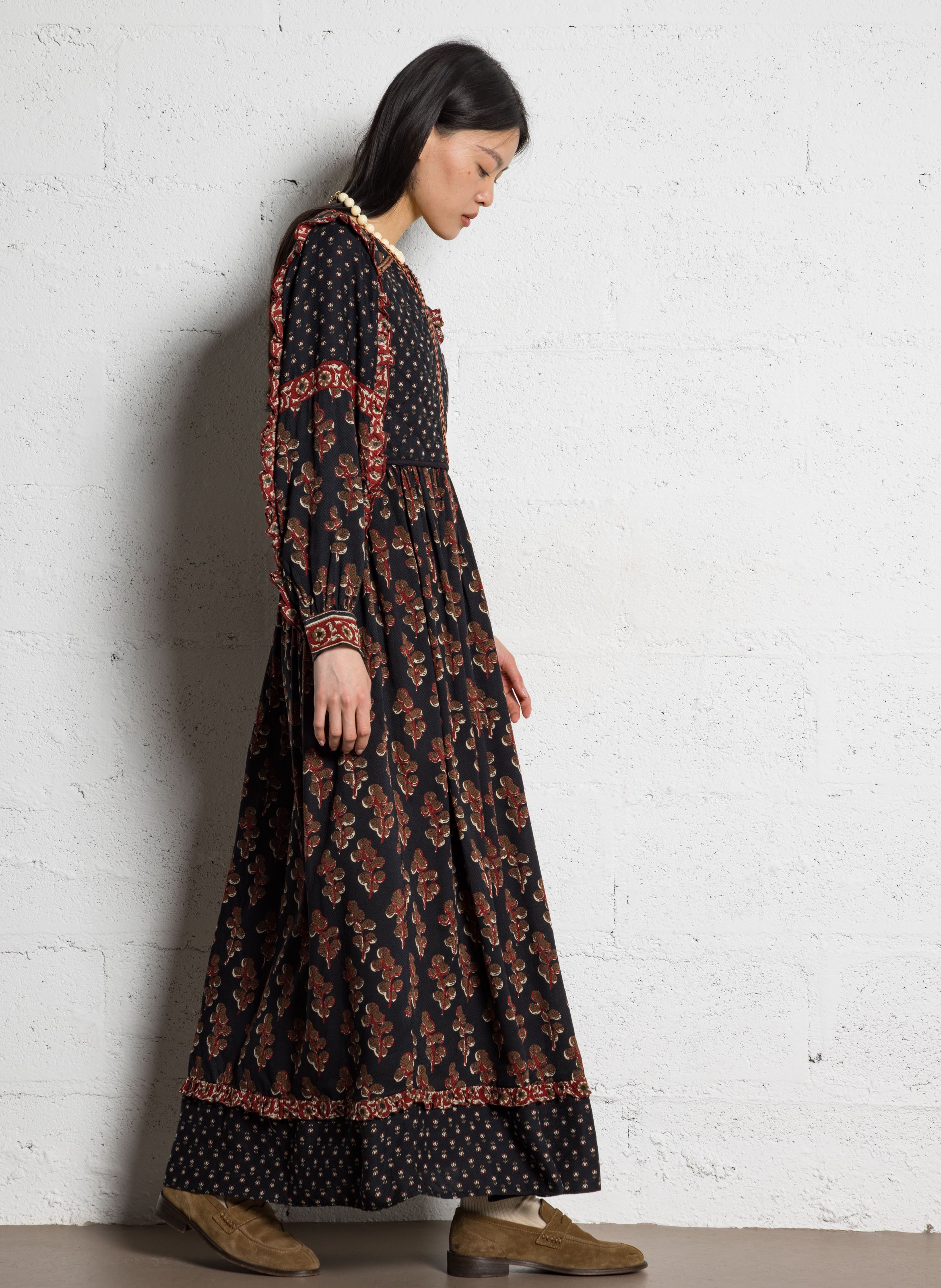 Long dress with split collar printed MAISON HOTEL Brown