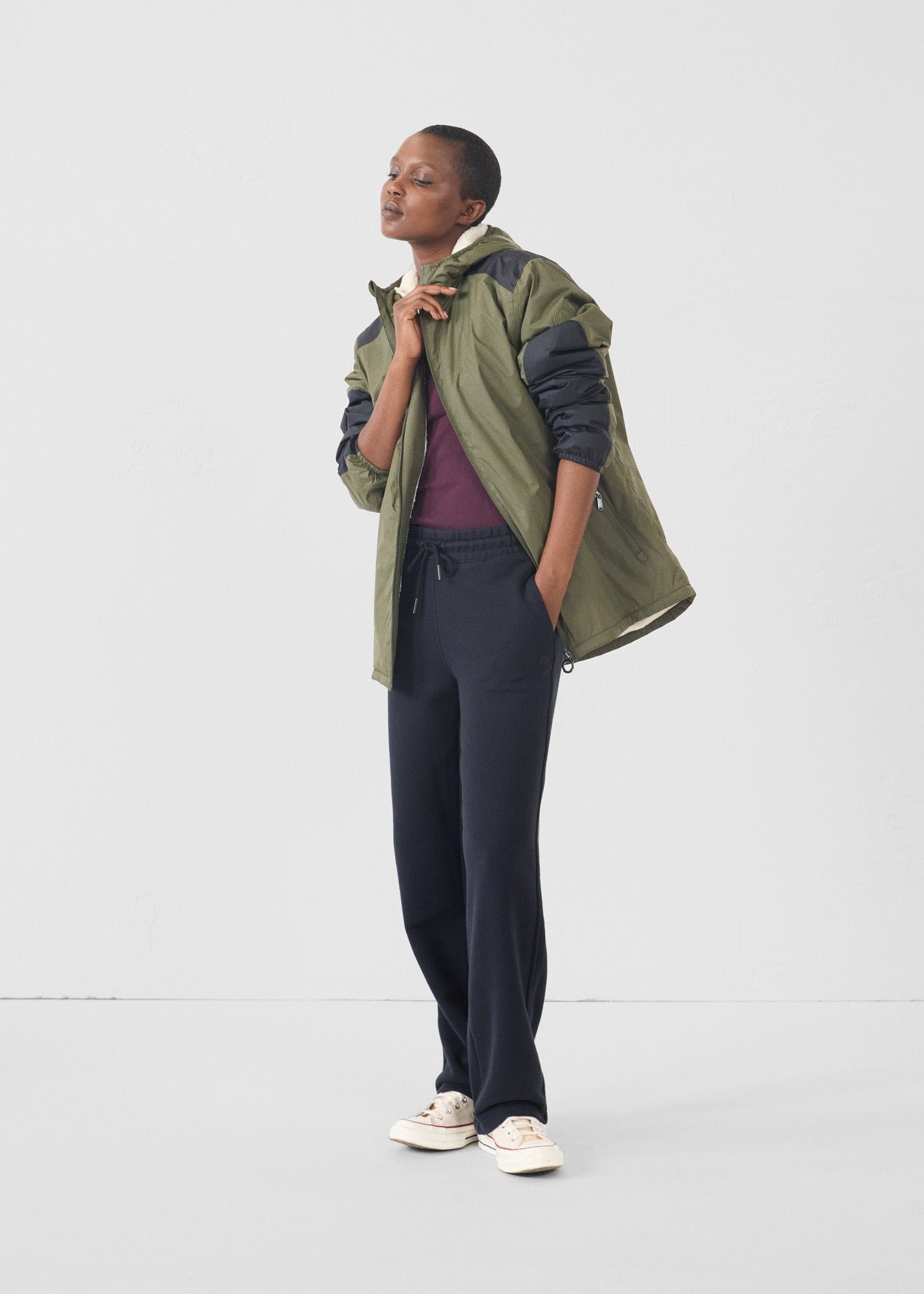 Sherpa-lined waterproof coat. JOTT Green