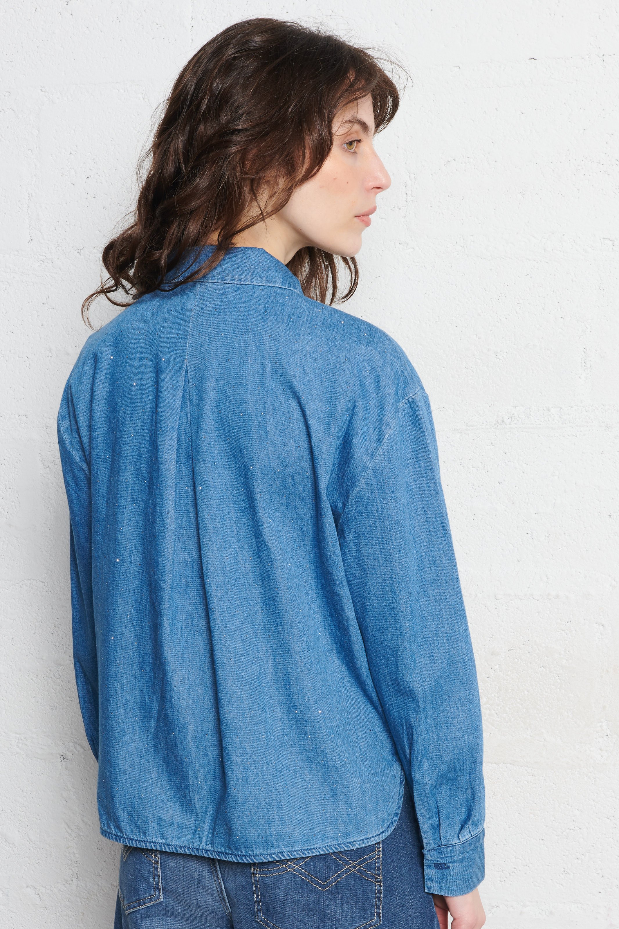 Long-sleeved denim top with rhinestones LE TEMPS DES CERISES Blue