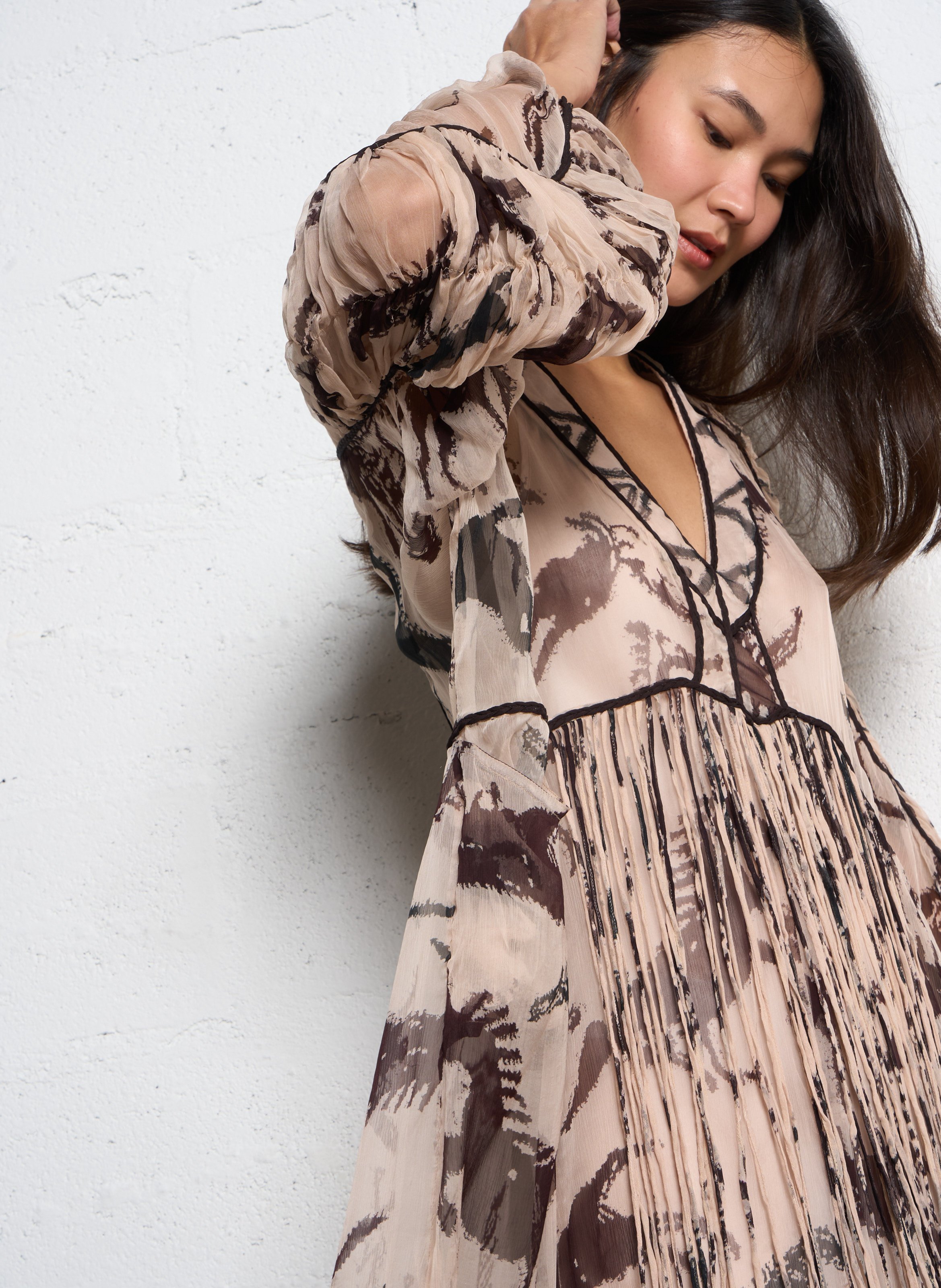 Robe longue col V imprimé MES DEMOISELLES Beige