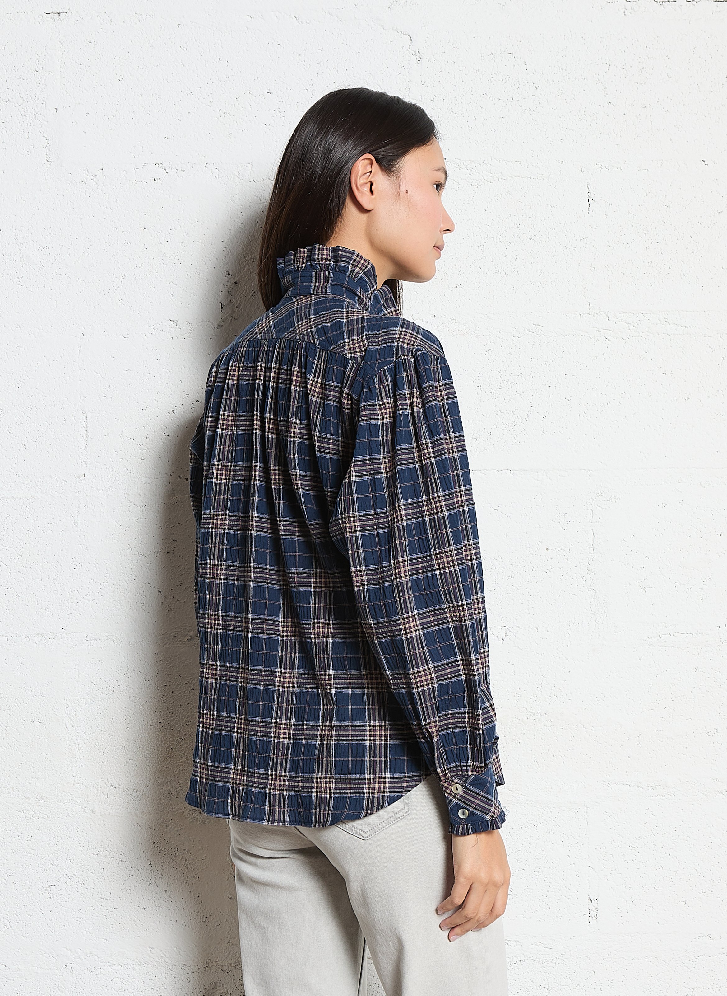 Straight shirt with ruffled collar in checked cotton SOPHIE+LUCIE Blue