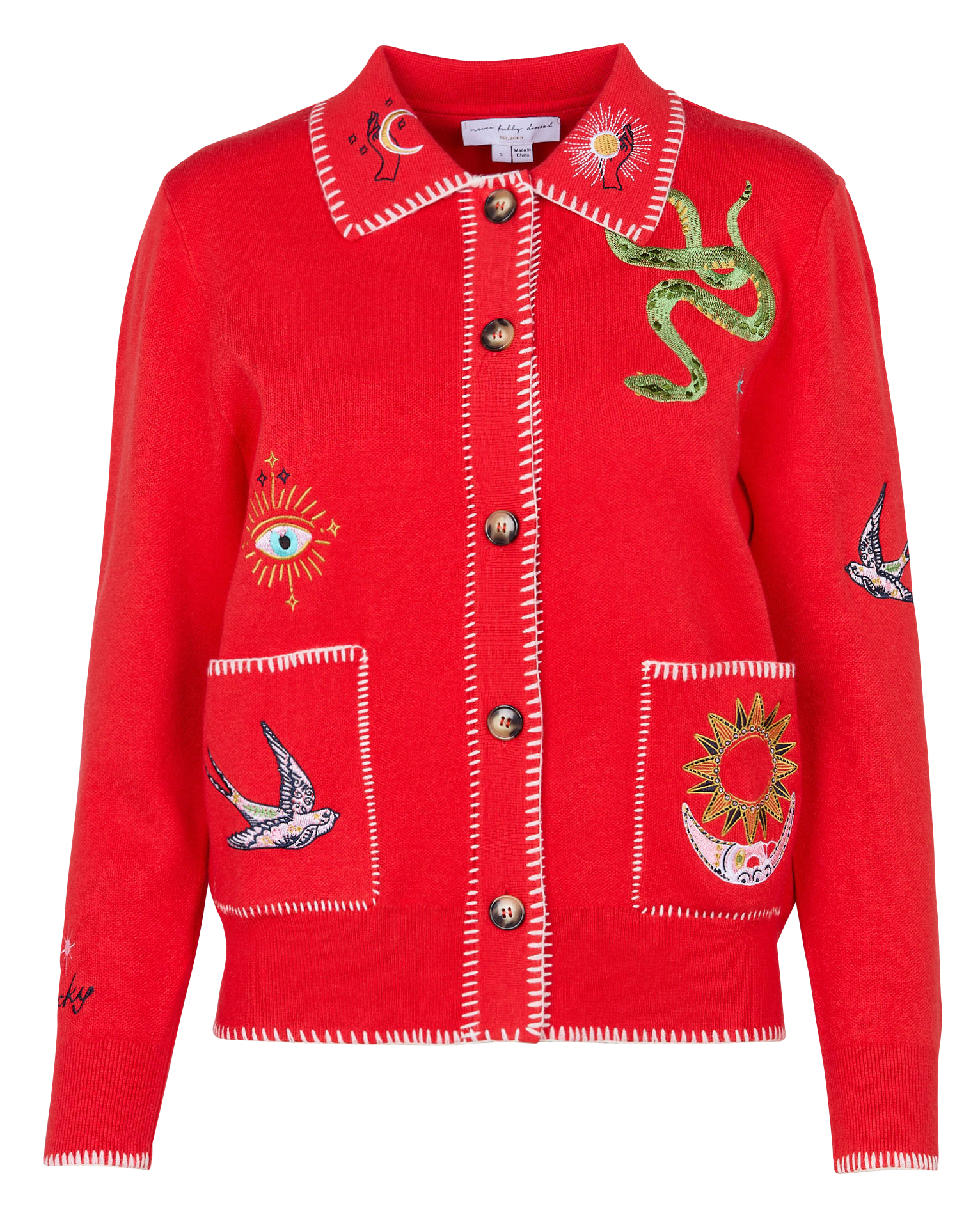 Cardigan droit col classique brodé NEVER FULLY DRESSED Rouge