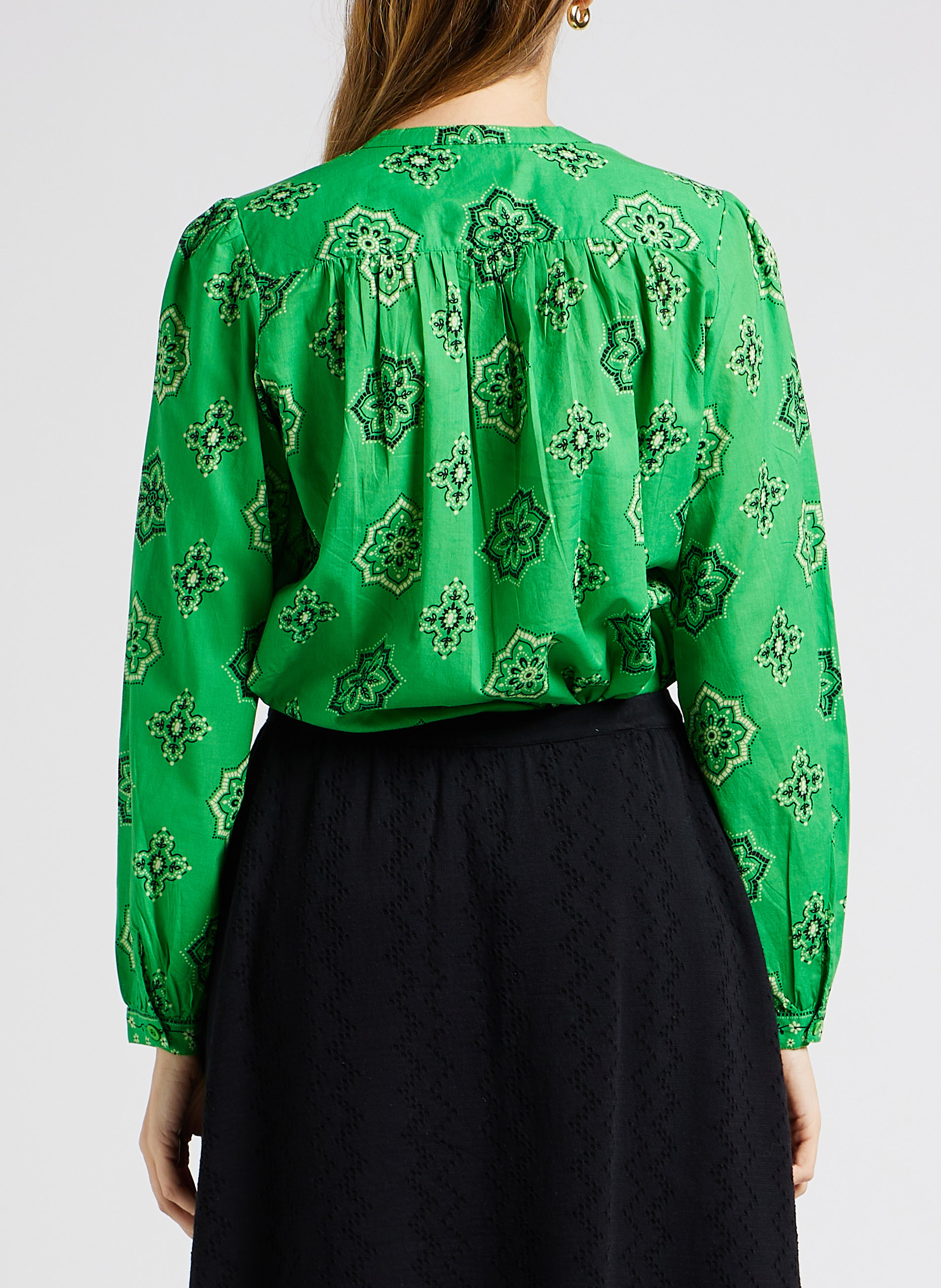 Katoenen blouse met ronde hals en print SWILDENS Groen