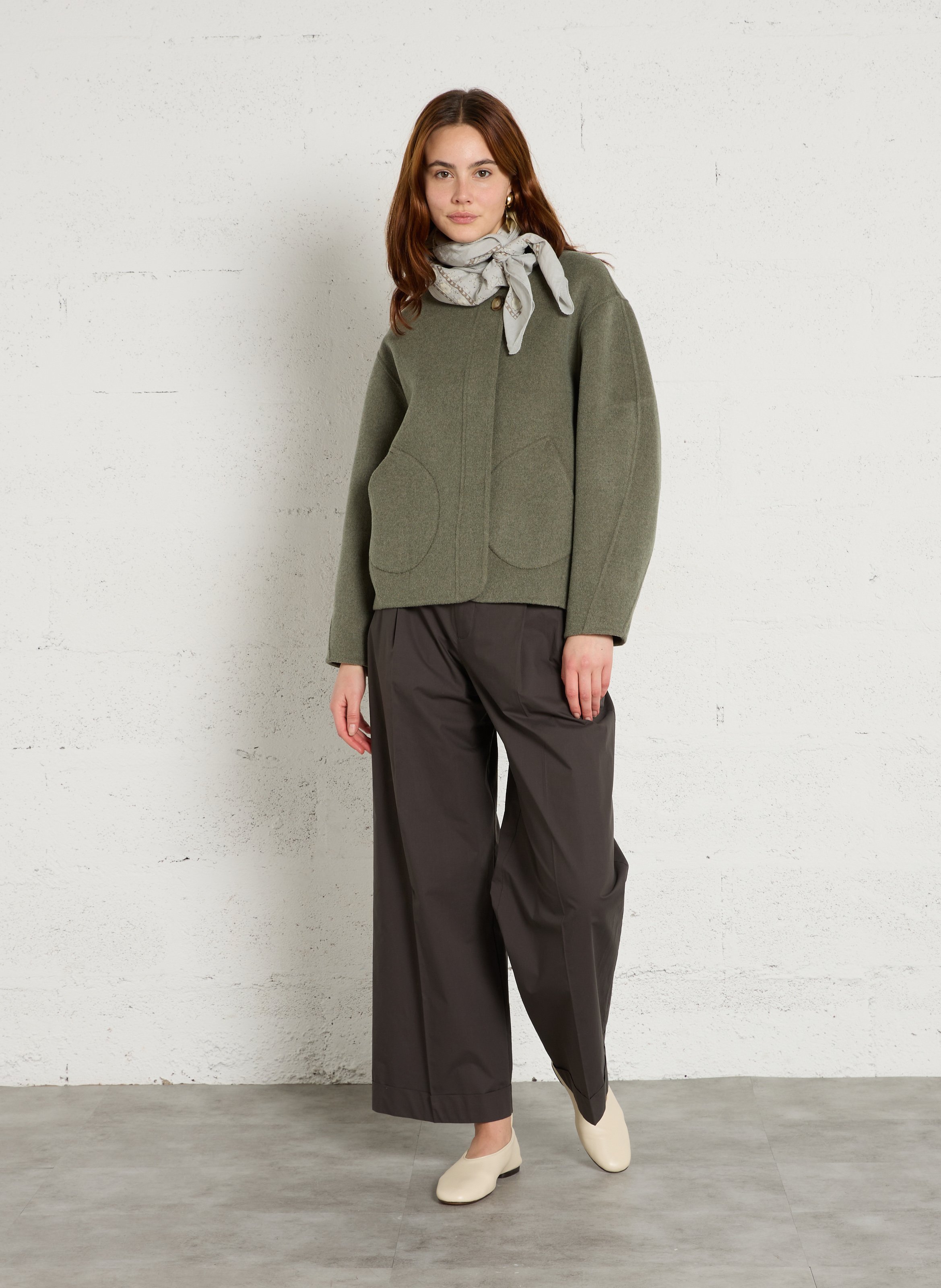 Round-neck embroidered wool coat SOEUR Grey