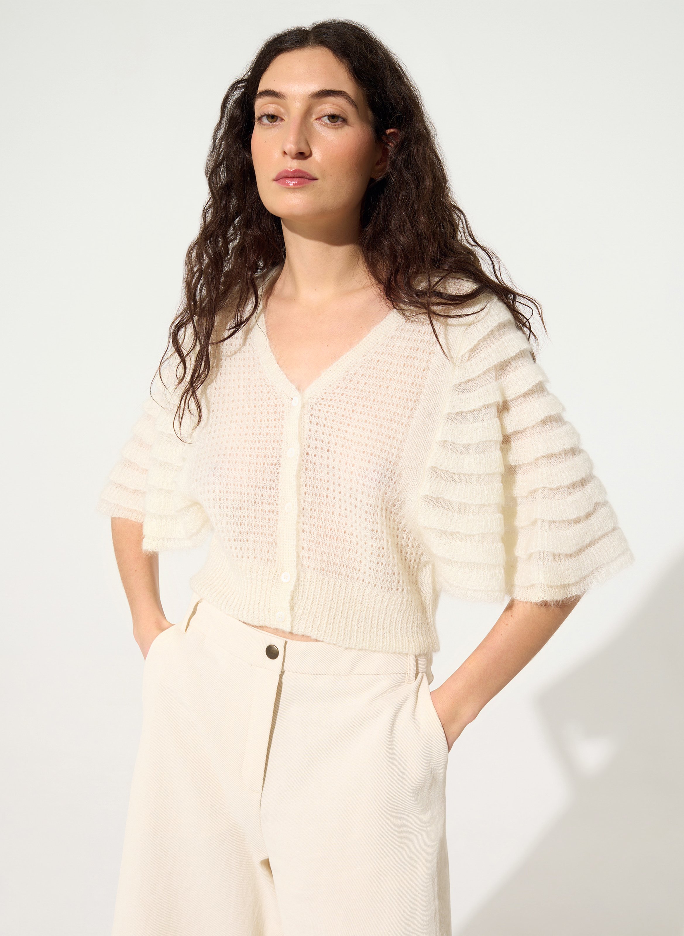 Straight V-neck cardigan with ruffled detail in blended mohair COTELAC White