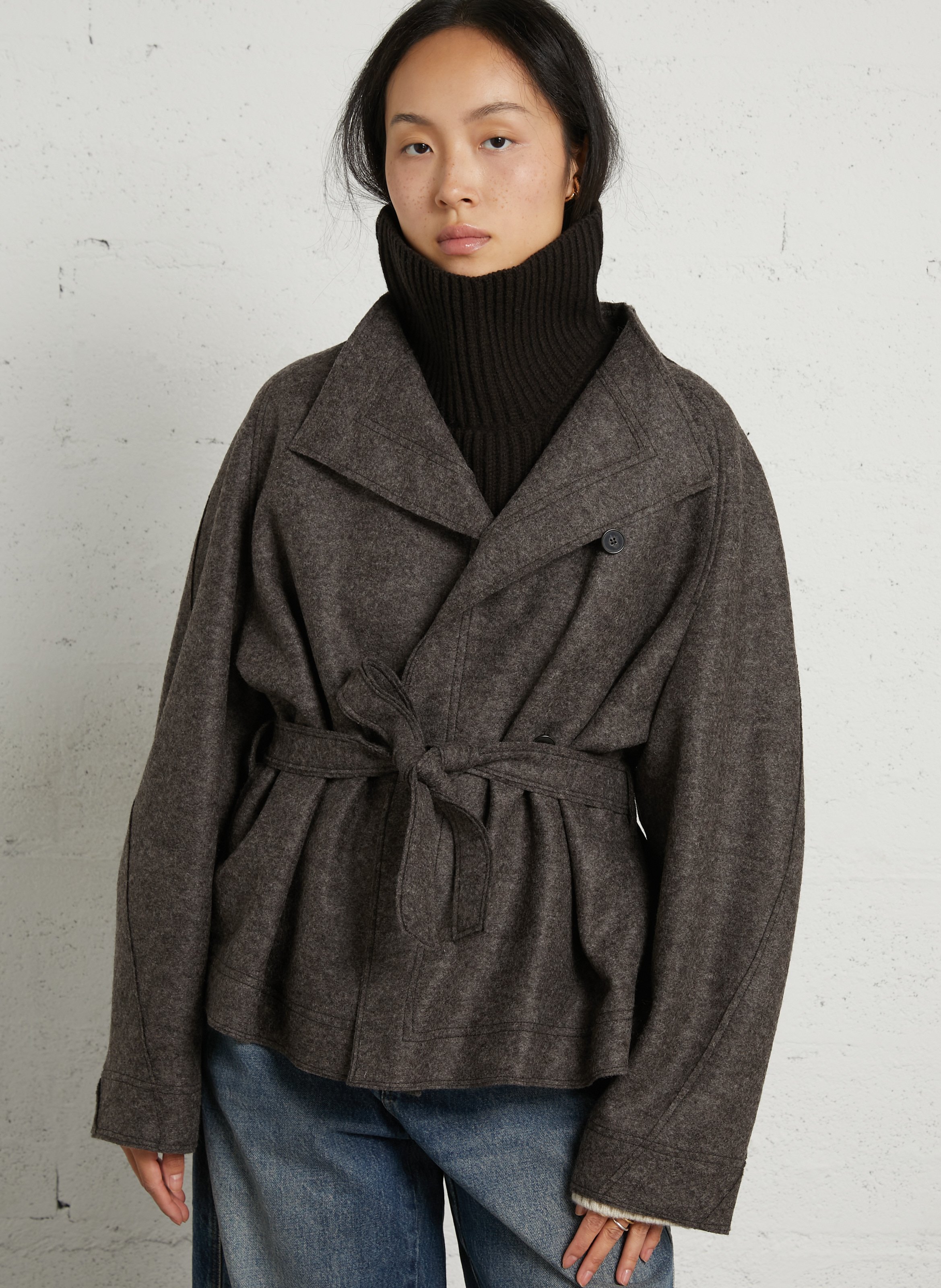 Veste droite à ceinture en laine SOEUR Marron