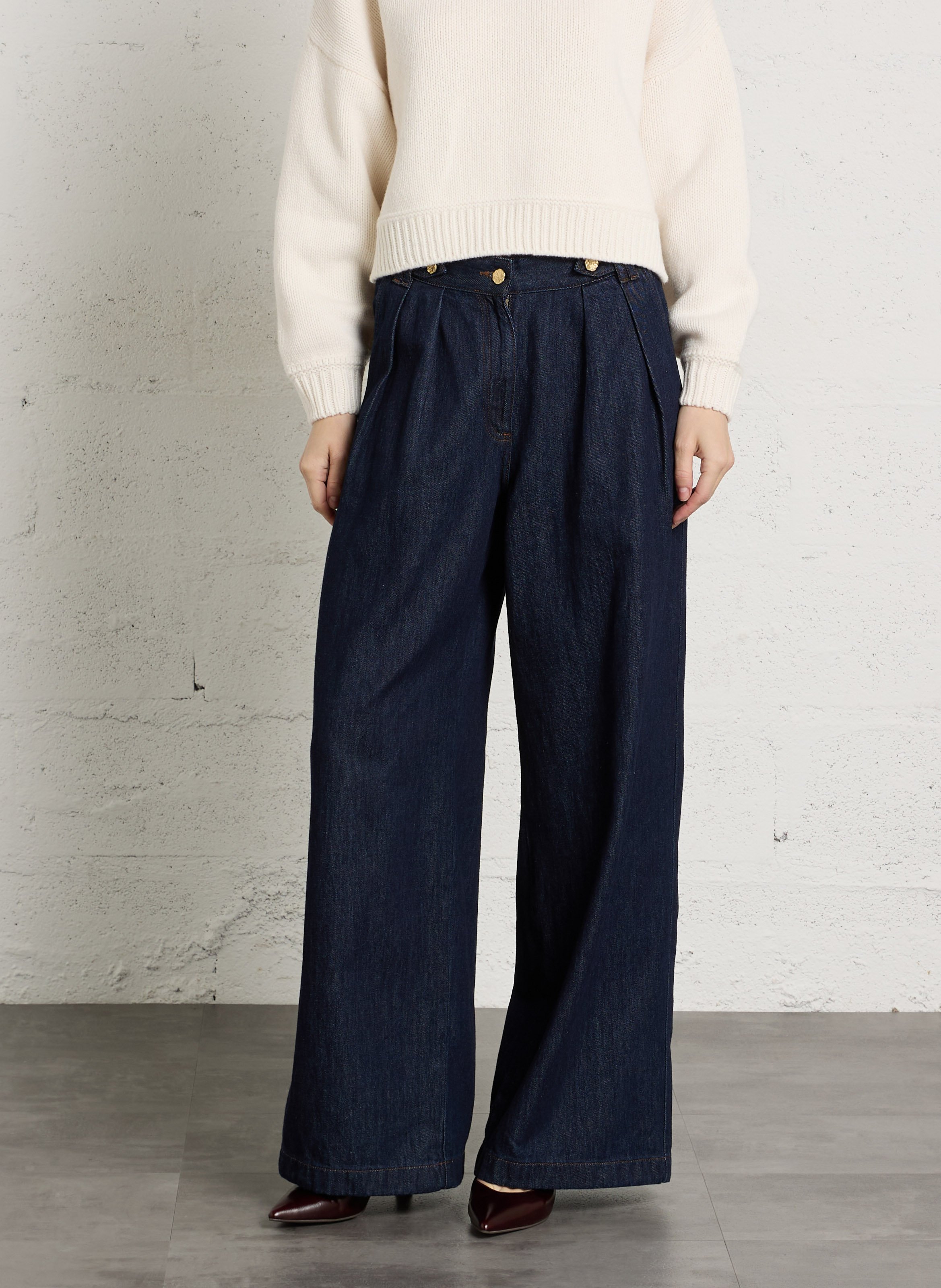 Wide-leg raw denim pleated jeans SESSUN Blue