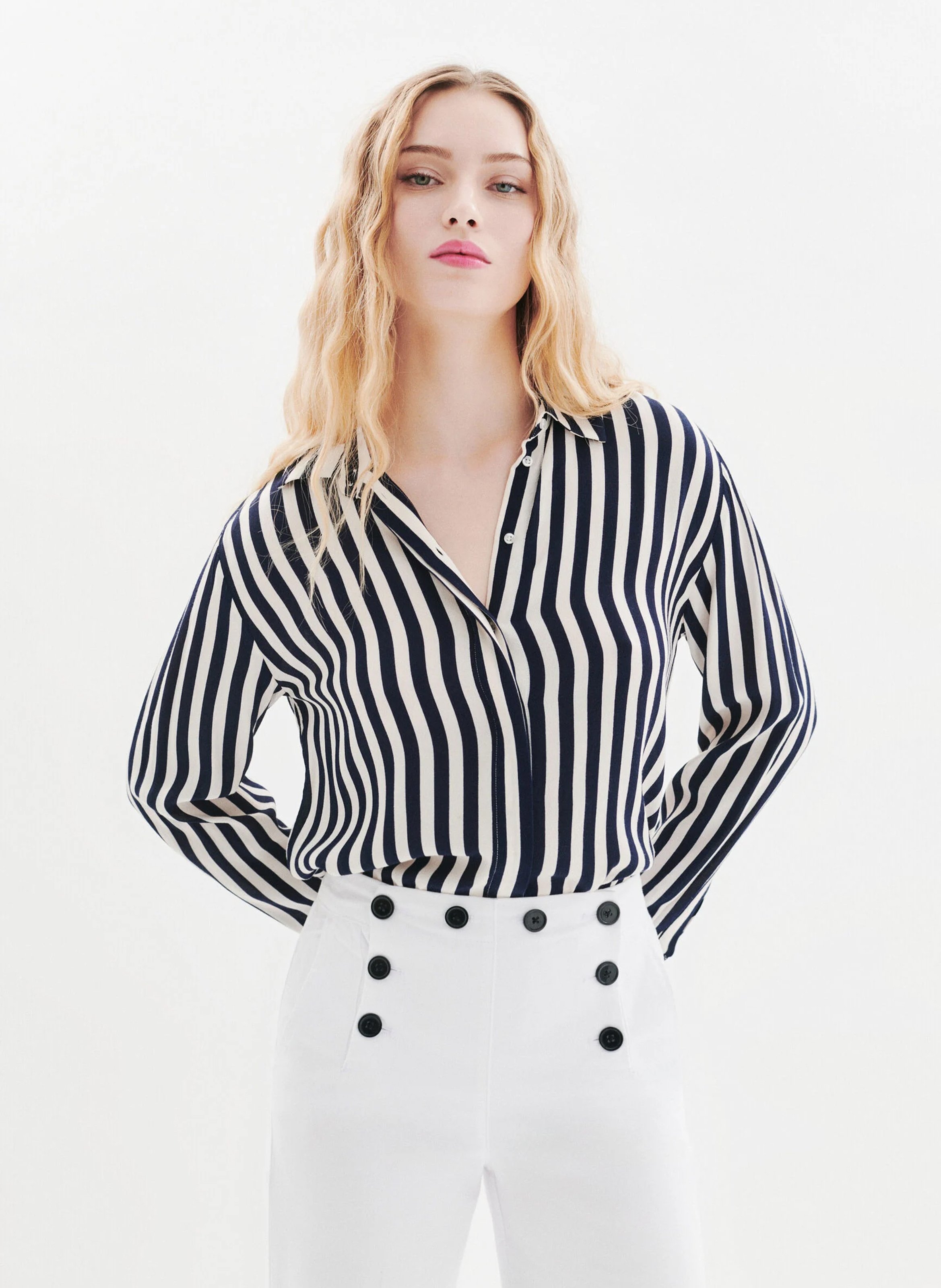 Wijde hoge taille broek met knopen CAROLL Wit